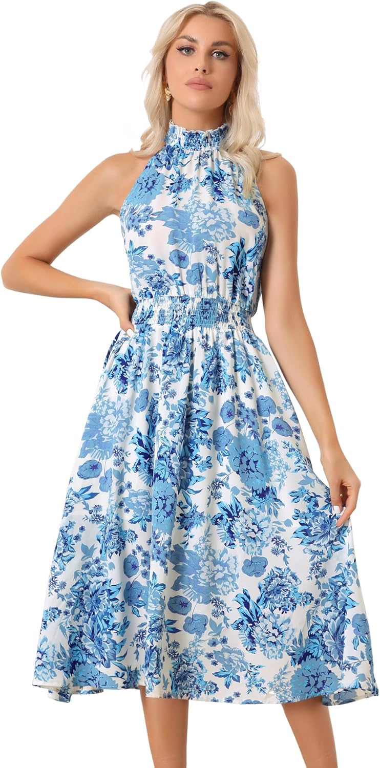 Allegra K Boho Summer Dress for Women's Halter Neck Sleeveless Casual Floral Print Sundress Midi Dresses