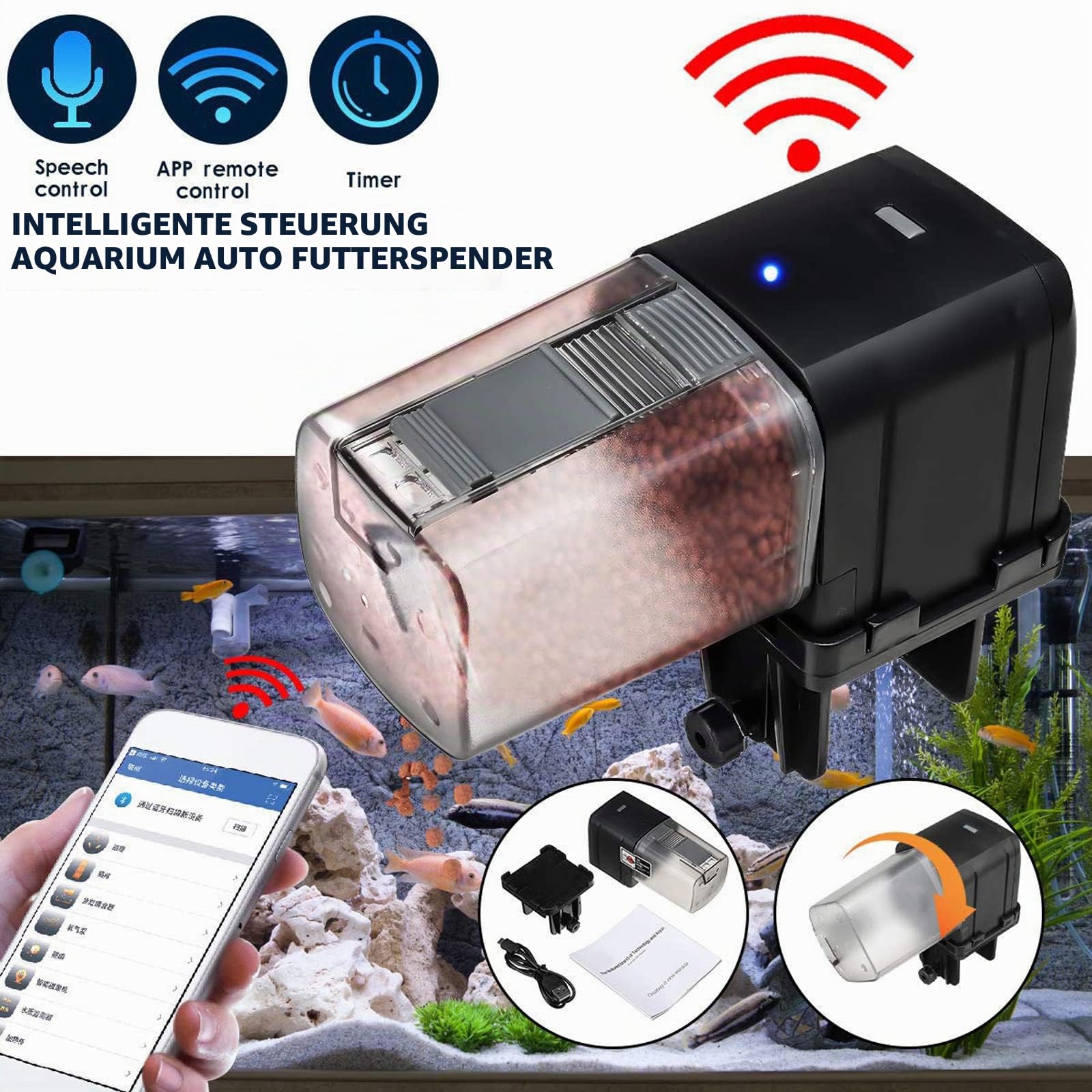 Lychee Aquarium Futterautomat, WiFi gesteuerter Timer Fischfutterspender mit LCD Display für Aquarium Teich Urlaub (Schwarz)