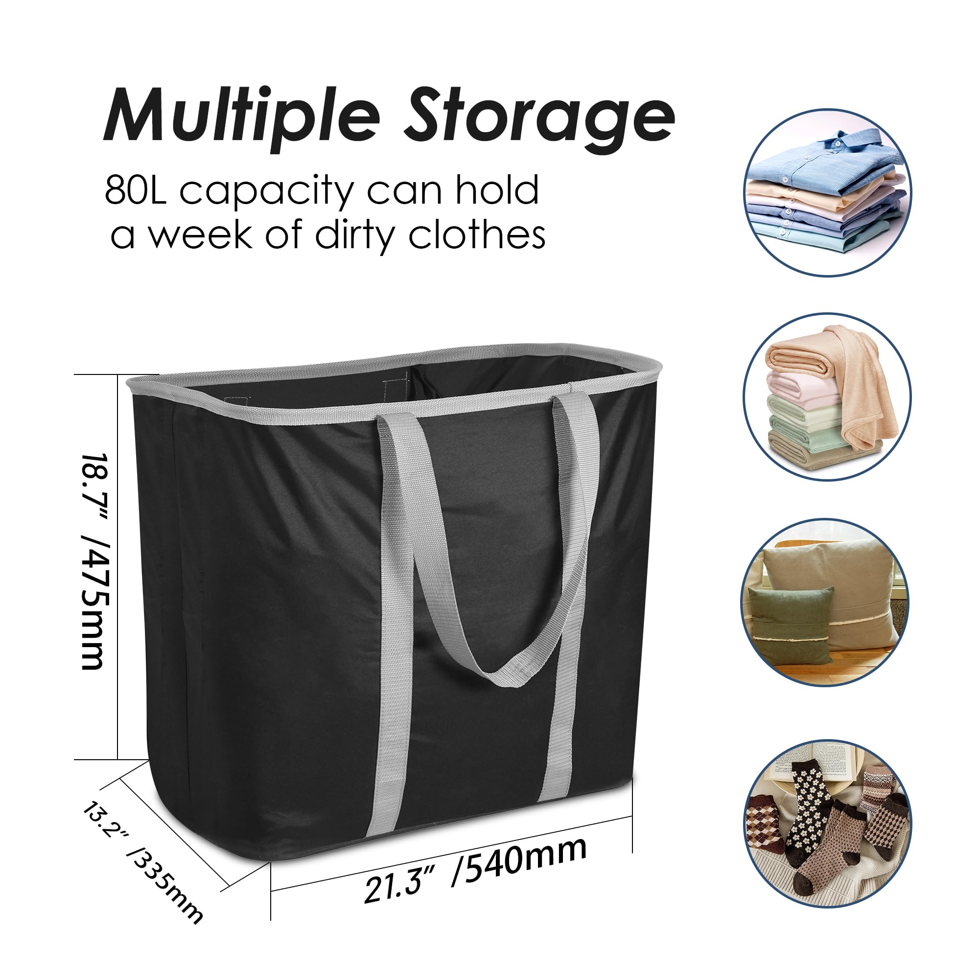 YOHOM Flexible Laundry Basket 80L, Folding Hamper for Clothes Large Collapsible Tote for Big Family, Portable Storage Basket for Dorm, Bedroom and Bathroom (Black (80L))