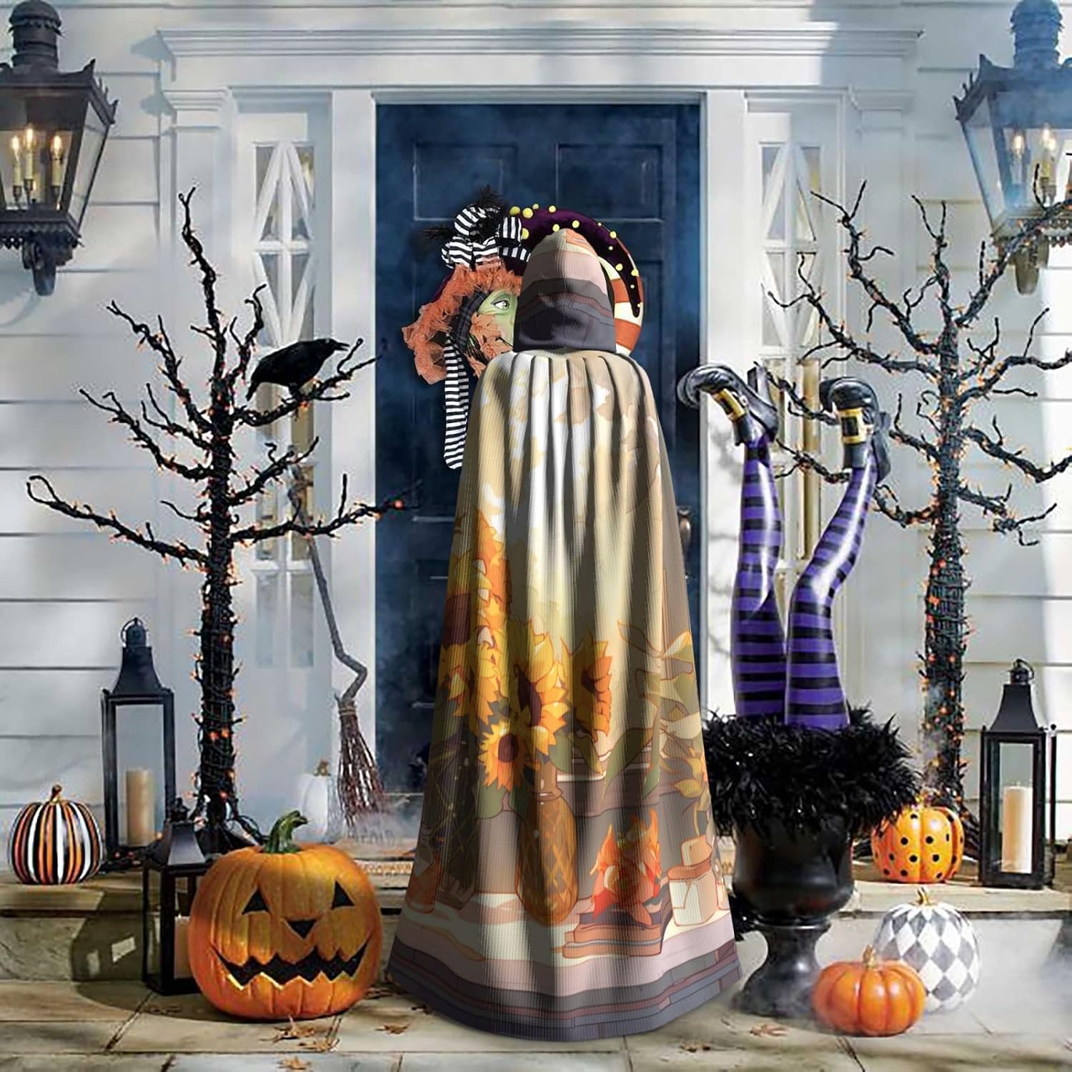 Unisex Full Length Hooded Halloween Christmas Party Robe Cloak Cape Cosplay Costume Men Women Sunflowers Under The Windowsill Prints Black