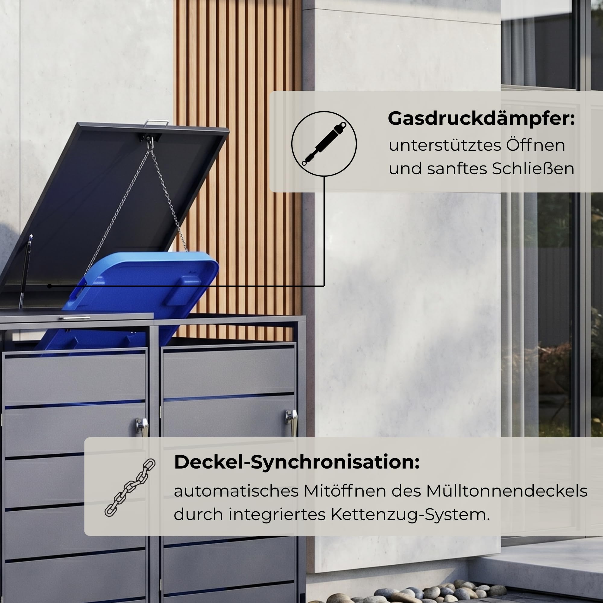 Mülltonnenbox PedBox Fußpedale | Mülltonnen bis 240 Liter | Aluminiumrahmen verzinkte Stahlbleche Anthrazit | Mülltonnenbox Metall verzinkt Deckel und Tor abschließbar (4 x bis 240 Liter)