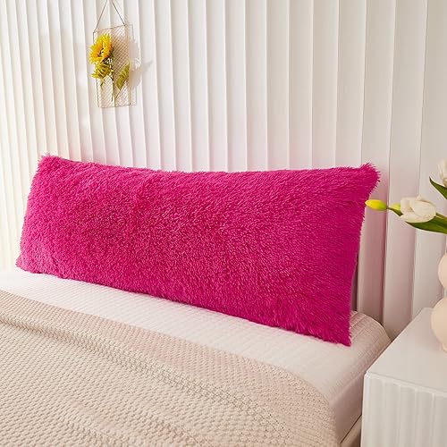 Miniatura 4 de Funda de almohada corporal esponjosa de piel sintética, funda de almohada de terciopelo lanudo de felpa rosa intenso, 1 pieza, cierre de cremallera