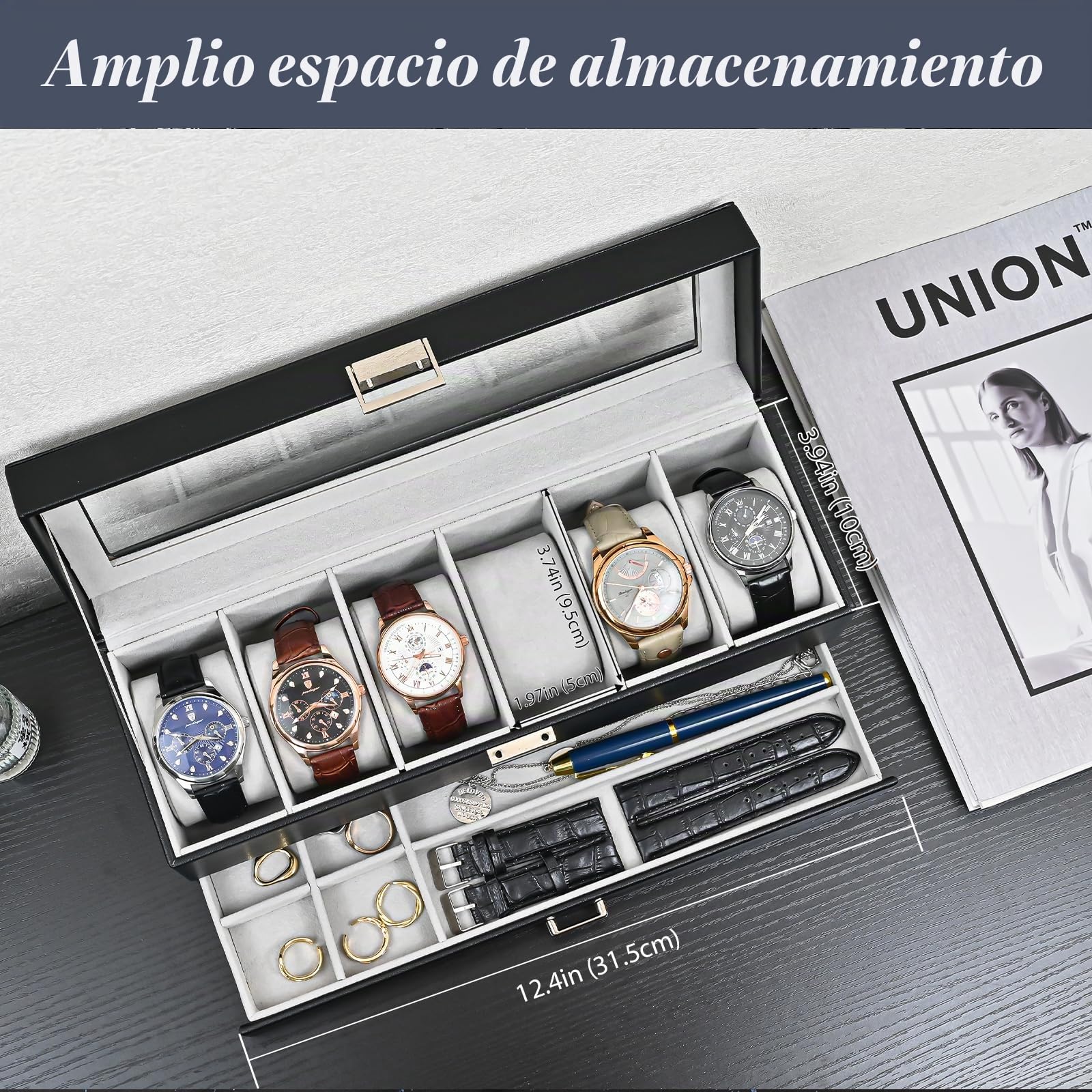 ProCase Caja de Relojes 6 Ranuras Cajón 2 Capas Tapa de Cristal Estuche Almacenamiento Negro
