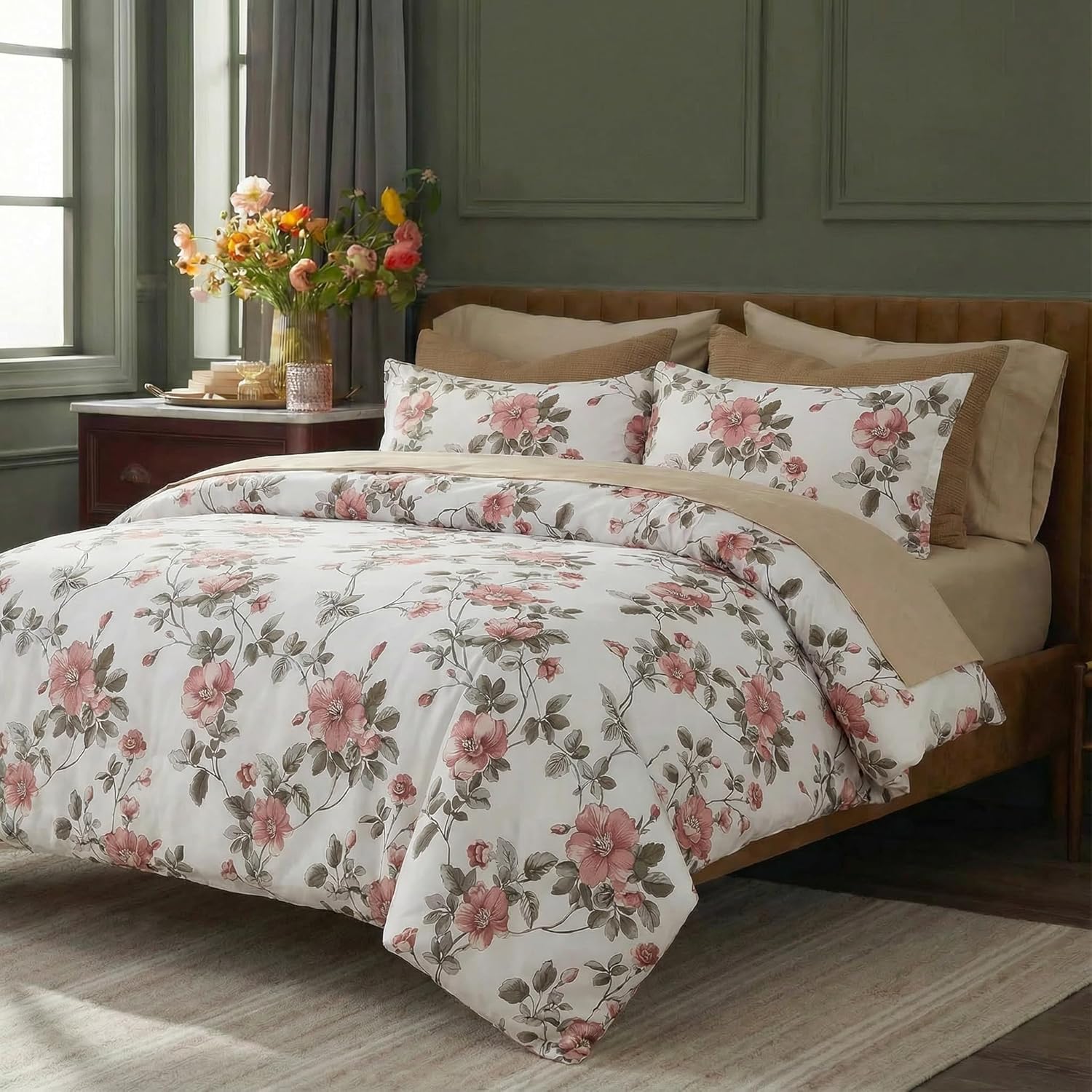 Bedding_Dreamer Floral Comforter Set 100% Cotton Comforter Sets King 3pcs Vintage Boho Cottagecore Floral Bedding Ultra Fluffy Soft Reversible Lightweight All Seasons - Image 2