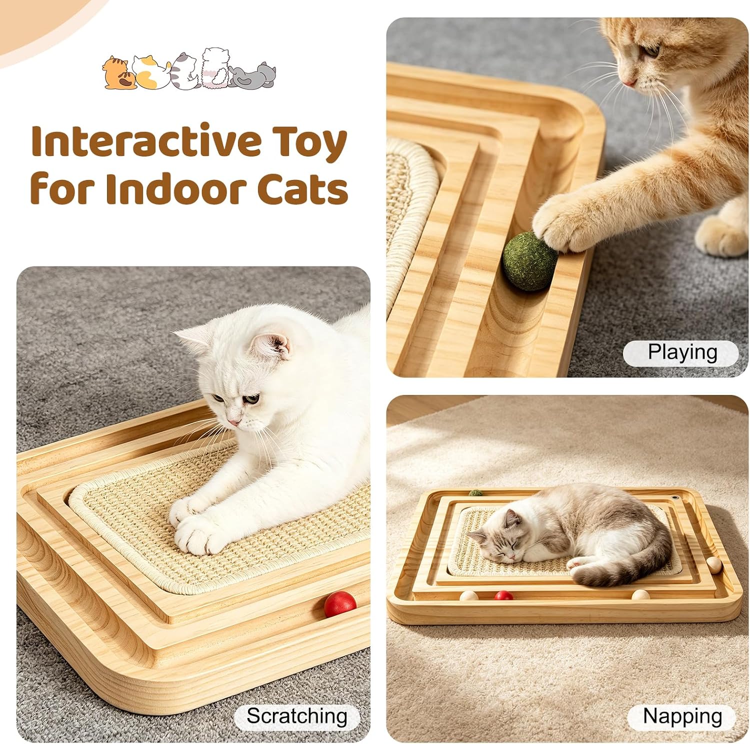 Sisal Cat Scratcher Pad with Ball Track, Wooden Interactive Cat Puzzle Toy | Natural Sisal Scratch Mat for Indoor Cats and Kittens Chasing Hunting Mental Physical Exercise Puzzle,Protecting Furniture