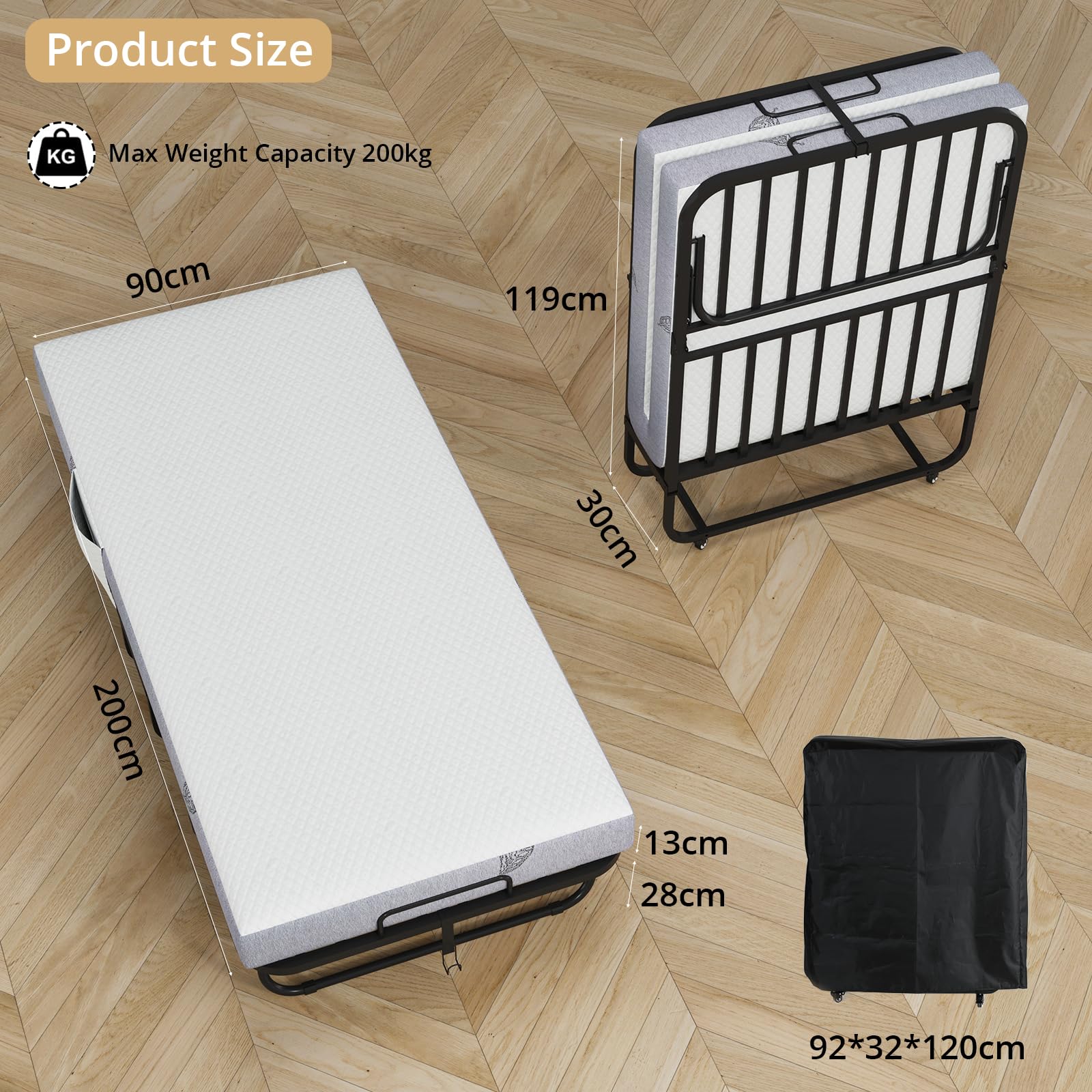 VOWNER Lit Pliant 1 Personne 90 x 200 cm, lit d'appoint avec Matelas en Mousse Mémoire et Couverture de Poussière，Structure Robuste ET 4 Roues, Charge 200 kg