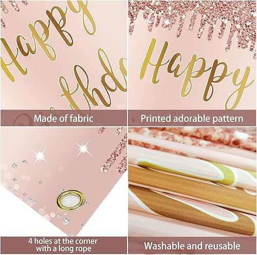 Miniatura 6 de Cartel de feliz cumpleaños de oro rosa y decoraciones de fondo para niñas y mujeres, suministros de letrero de fiesta temática rosa, gran póster de