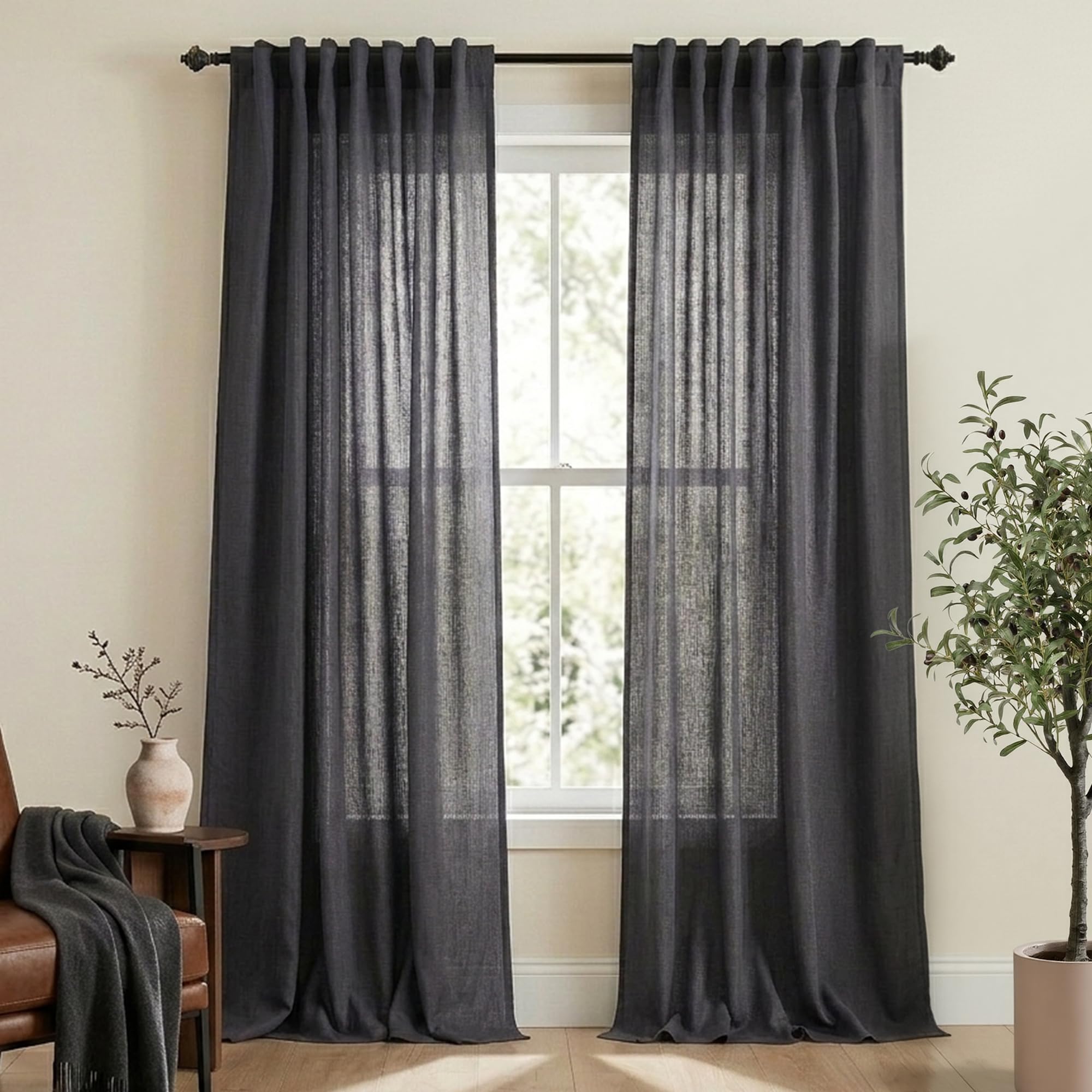 Mrs.Naturall Dark Grey Back Tab Linen Blend Sheer Curtains 52 by 90 Inches Long โ image 1