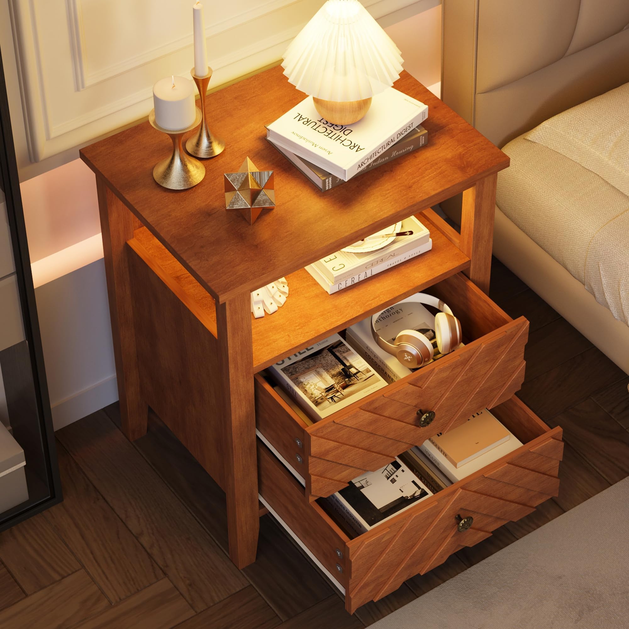 GarveeHome Mesita de Noche Vintage con luz LED, 2 cajones y Estante Abierto, diseño en V, Brown