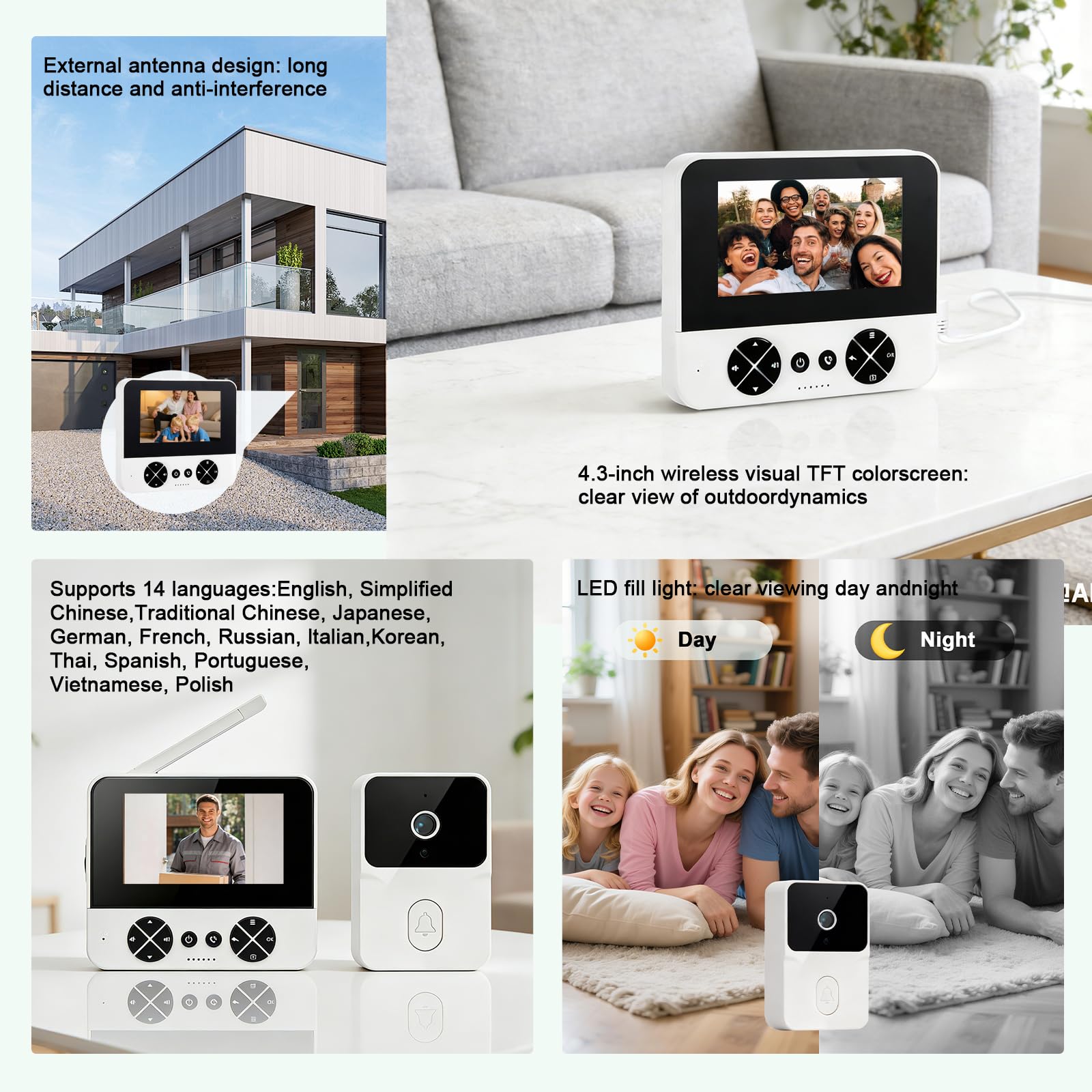 Sonnette avec Caméra 4,3 Pouces Écran Angle Large 80° sans Fil Extérieure Étanche 1080P HD IP65