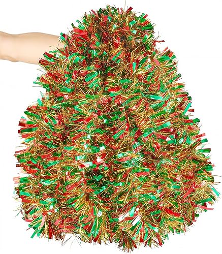 Miniatura 13 de Guirnalda de oropel de Navidad de 15,2 m, guirnalda metálica gruesa verde oscuro con diseño de torsión para árbol de Navidad, decoraciones para