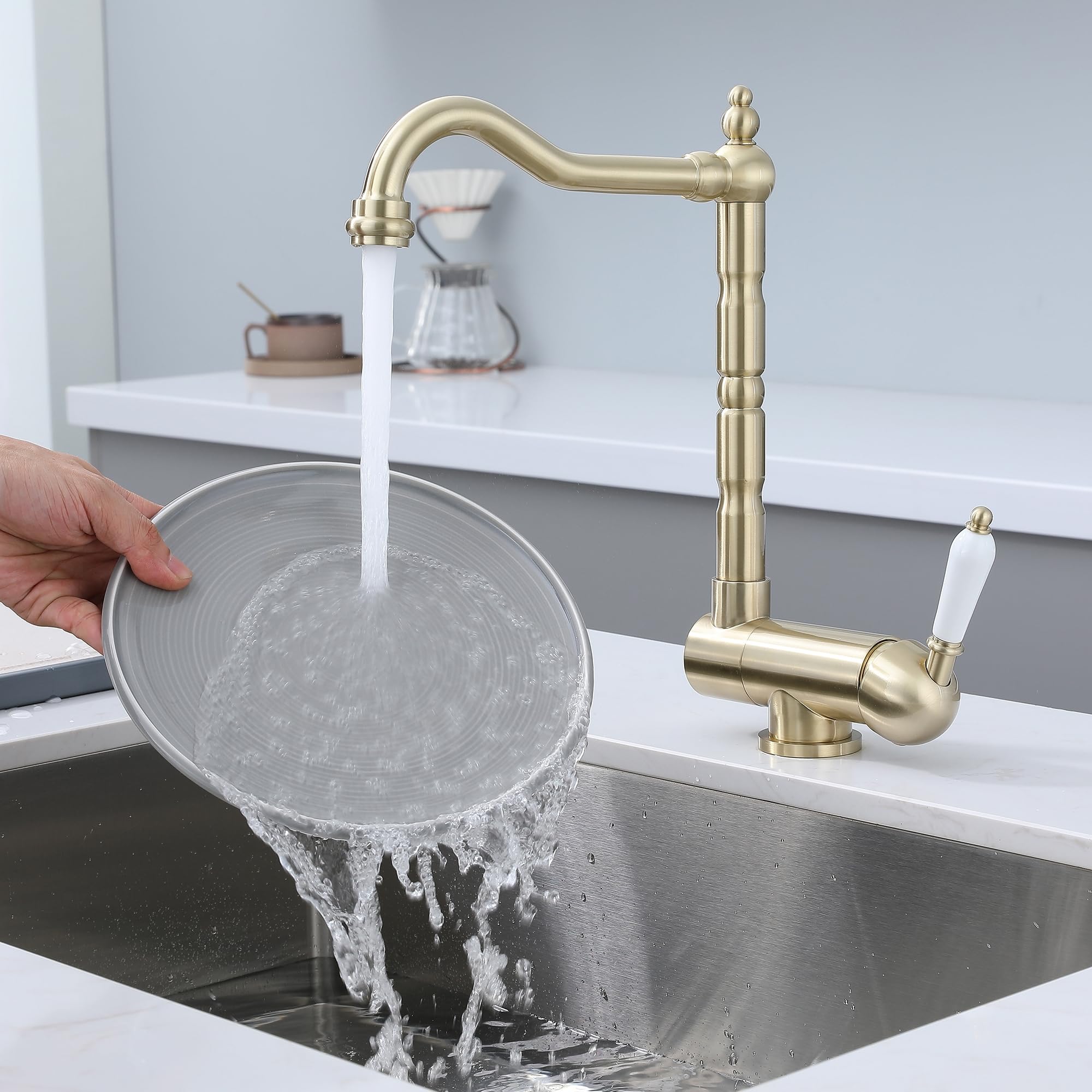 Vorfenster Küchenarmatur Gold Gebürstet, Hochdruck Wasserhahn Küche Gold Gebürstet, Flexible Mischbatterie Küche 360° Drehbare/180° Faltbar/Schwenkbarer Auslauf, Hochdruck Armatur Küche Aus Brass