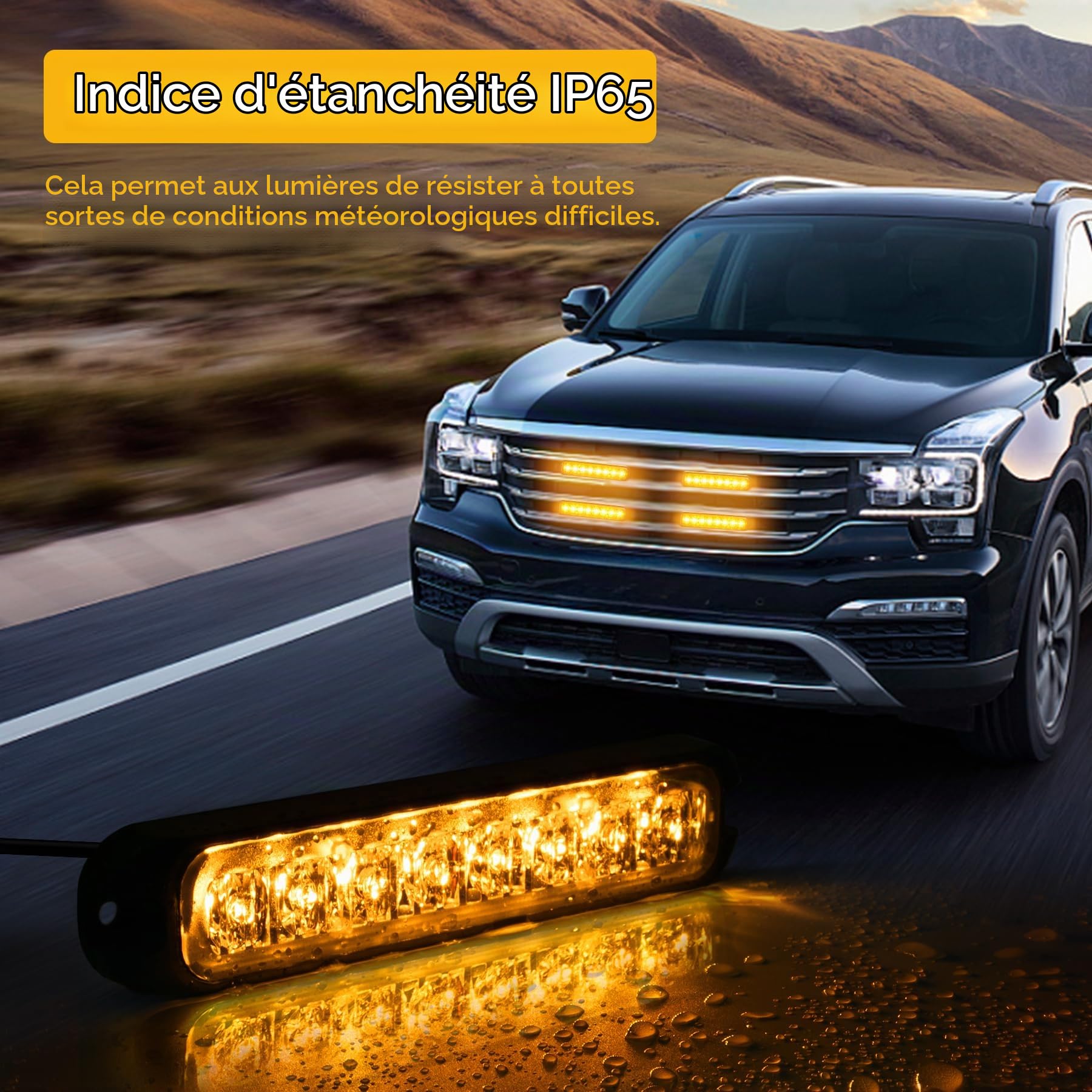 Feux de Pénétration LED Orange 12/24V, 4×8 LED, 14 Modes | IP65 étanche, adapté aux conditions difficiles, avec feu stroboscopique LED orange pour camions et voitures