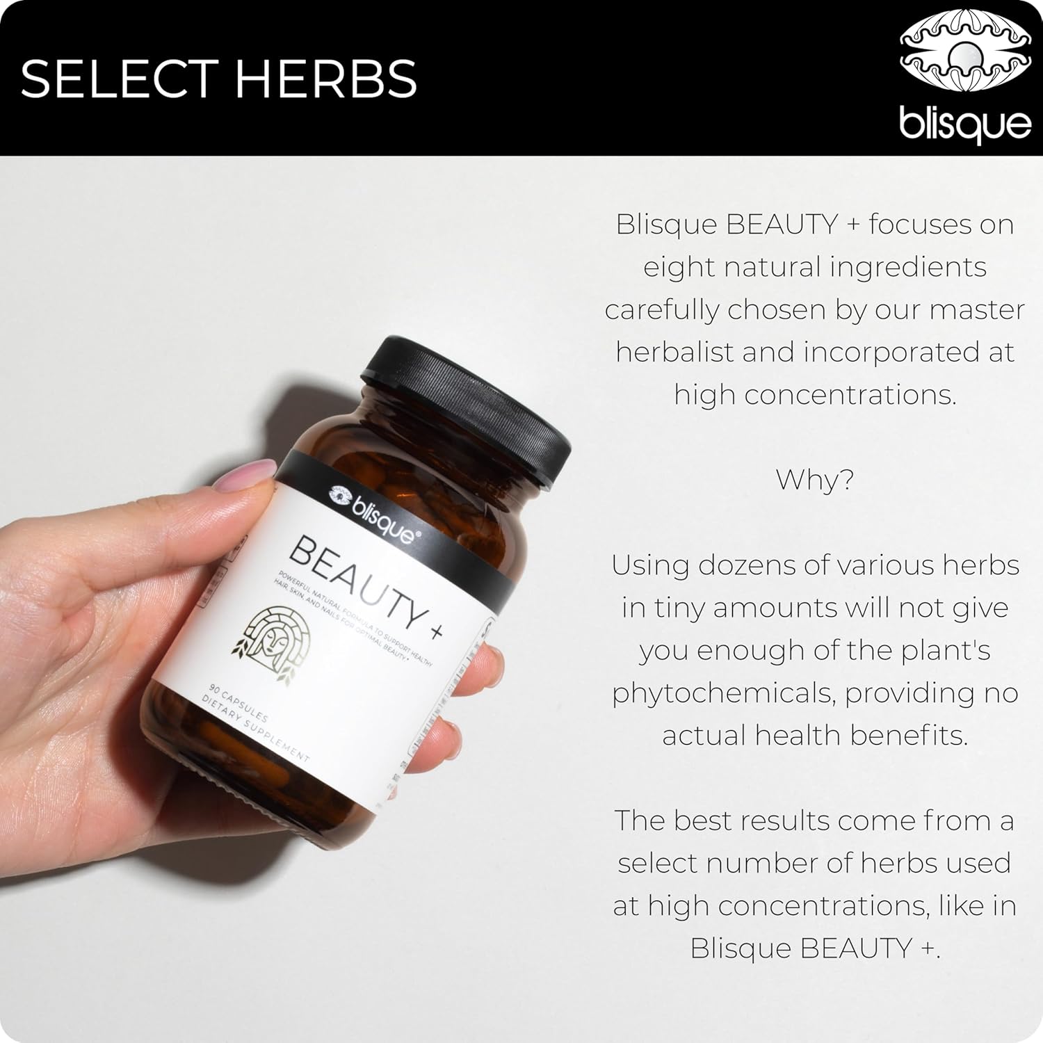 Blisque - Natural Beauty Supplement for Nail Strength, Hair Growth, and Skin Care | with Biotin & Hyaluronic Acid | Doctor Approved | Vegan and Non-GMO | 90 Capsules