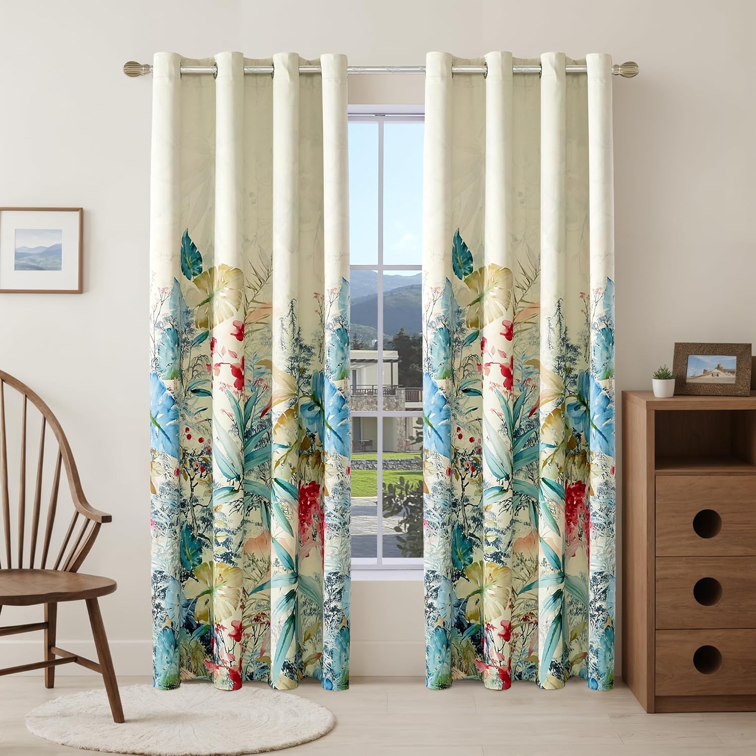 Watercolor Flower Plant Blackout Curtains Modern Floral Printed Window Drapes with Black Liner, Set of 2 Panels, 52x95 Inch
