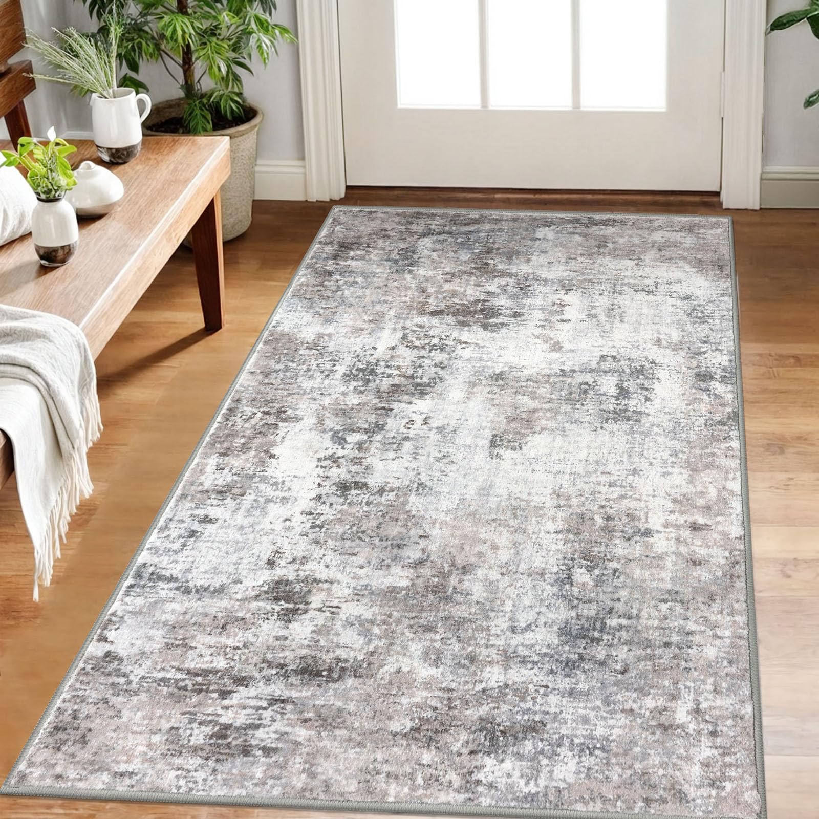 Lansny Modern Abstract Small Area Rug Indoor 3x5 Washable Rug Non-Slip Soft Beige Grey Neutral Entryway Rug Kitchen Mats Thin Print Faux Wool Floor