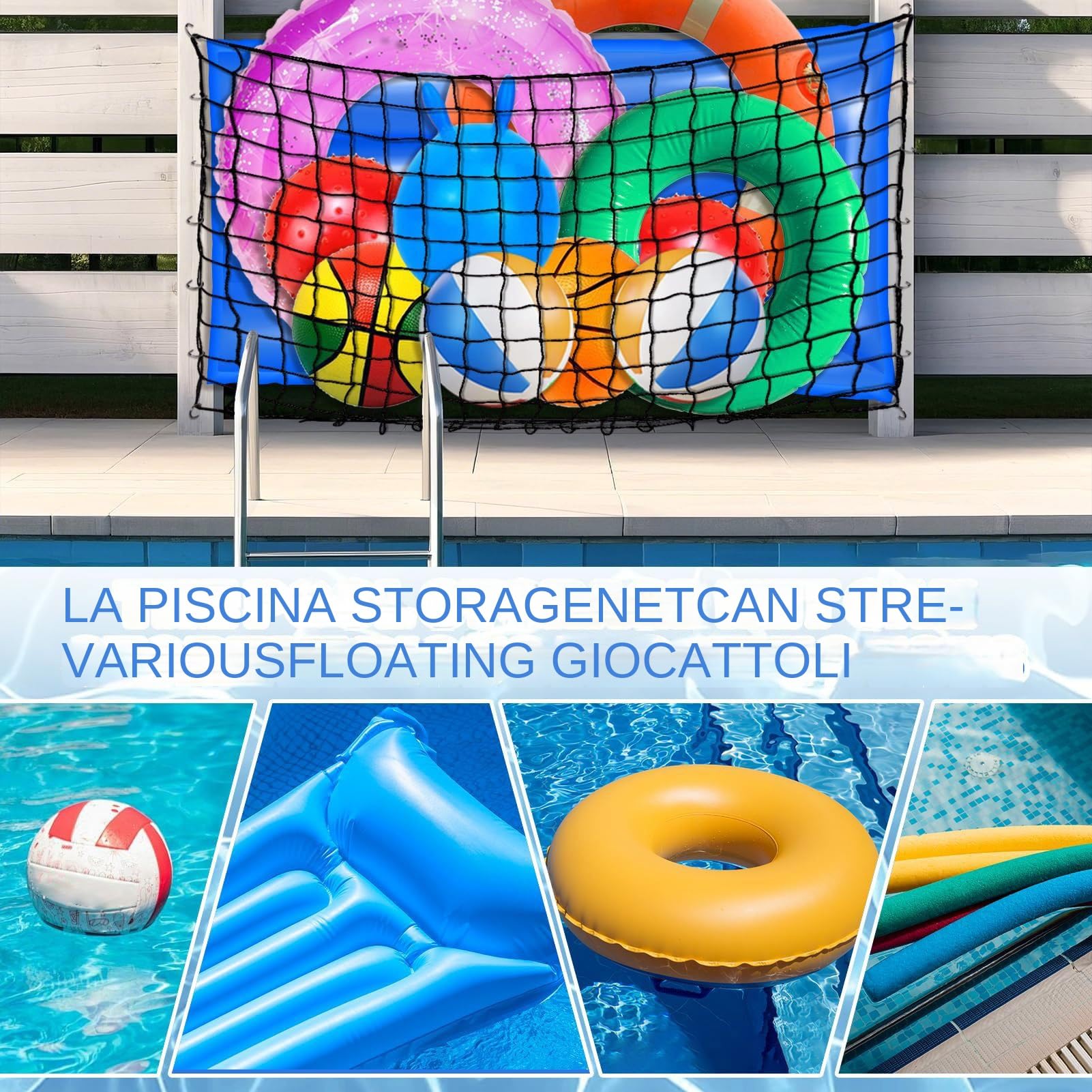 Pool Toy Storage Net, Large Mesh Organizer, Heavy Duty Storage Bag Black Design, Wall-Mount Netting with 20 Screw Hooks, for Inflatable Rafts, Beach Balls, Swim Chairs, Float Toys