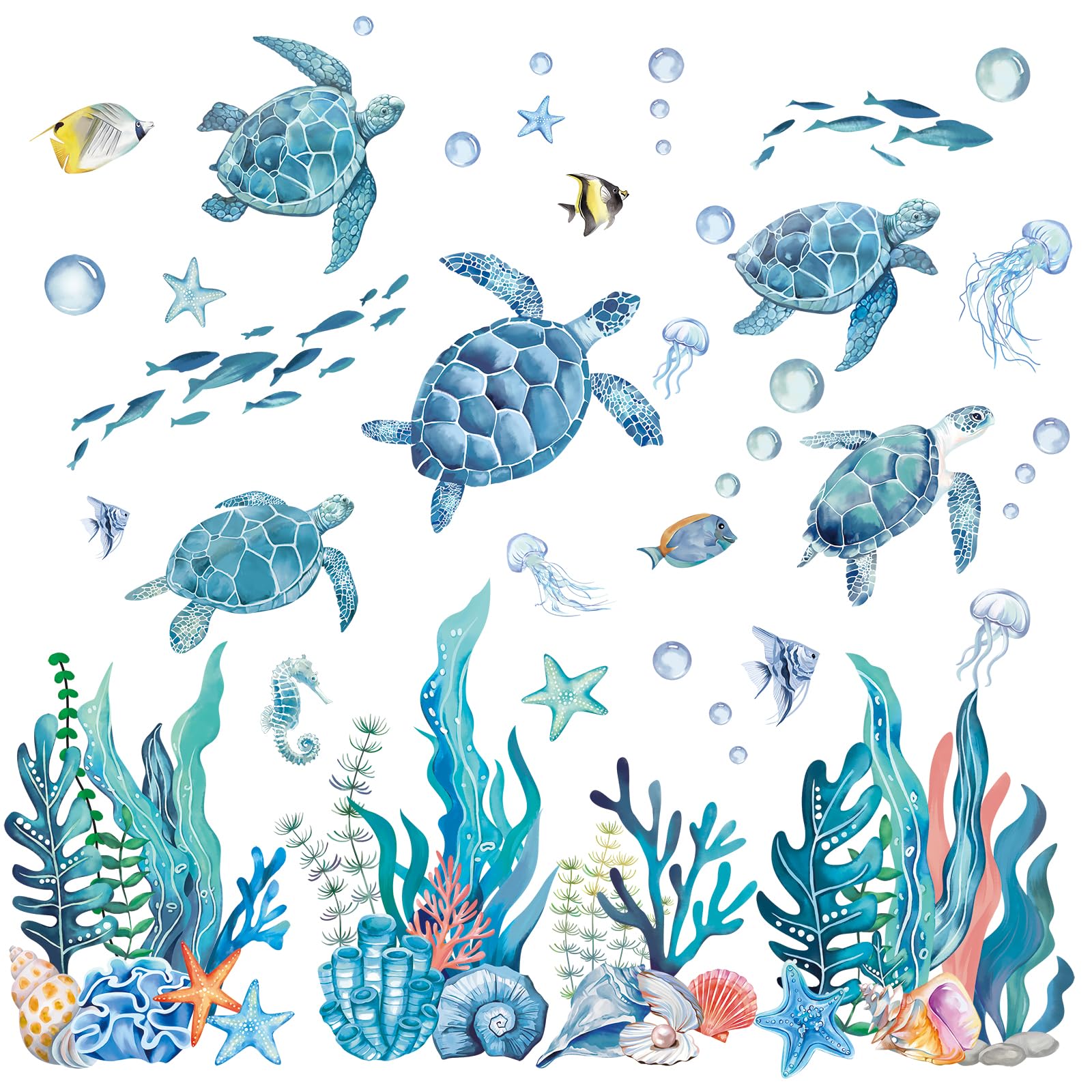 FUFUQUARE Blue Turtle Wall Stickers Under The Sea Jellyfish Seaweed Wall Decals DIY Peel and Stick for Kids Bedroom Living Room Bathroom - Image 4