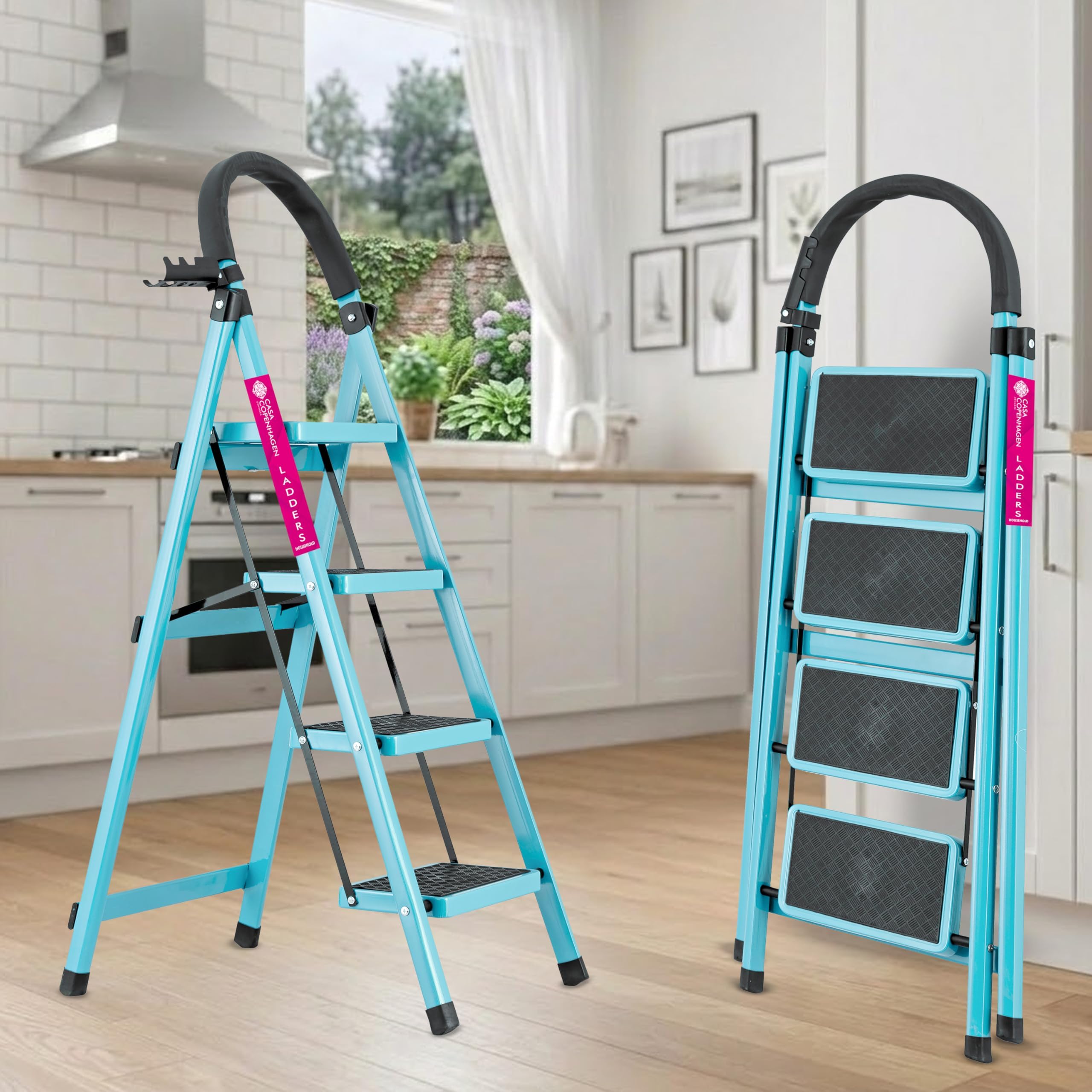 Casa Copenhagen Teal Blue 4 Step Ladder for Home Use with Built-in Tool Tray | Heavy Duty D Shape Rods | Ultra Large Platform | Wide Rubber Feet | 150Kg Capacity Foldable Ladder - 7 Years Warranty-image-38