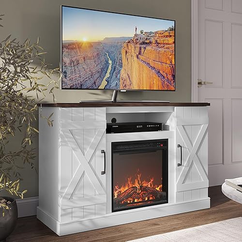 Miniatura 2 de BELLEZE Soporte de TV de 47 pulgadas con chimenea eléctrica de 18 pulgadas soporte de TV con puerta de granero para televisores de hasta 50 pulgadas