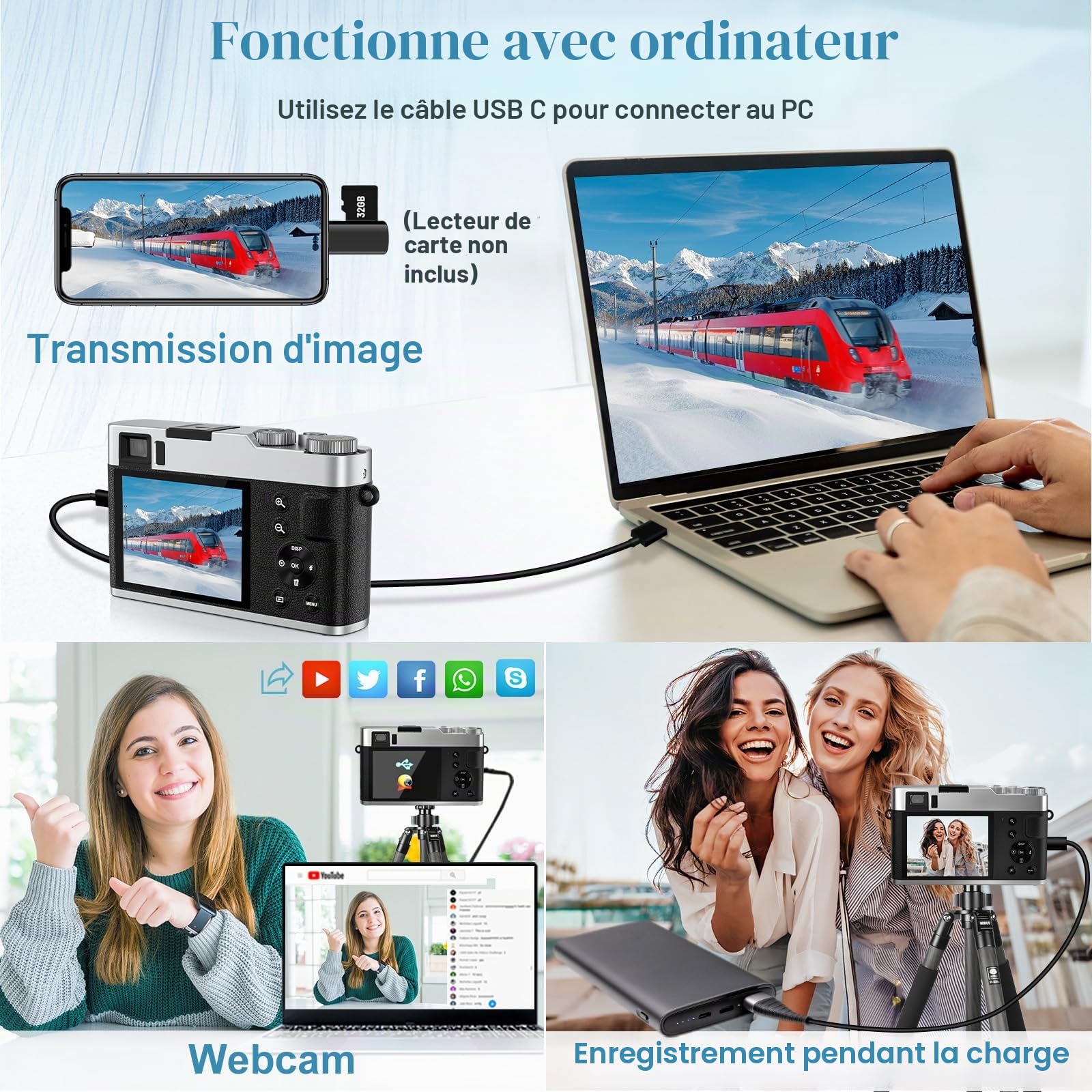 Appareil photo numérique 4K avec viseur optique, mise au point automatique 48 MP, zoom numérique 16X, stabilisation d'image, flash intégré, carte 32 Go et 2 batteries