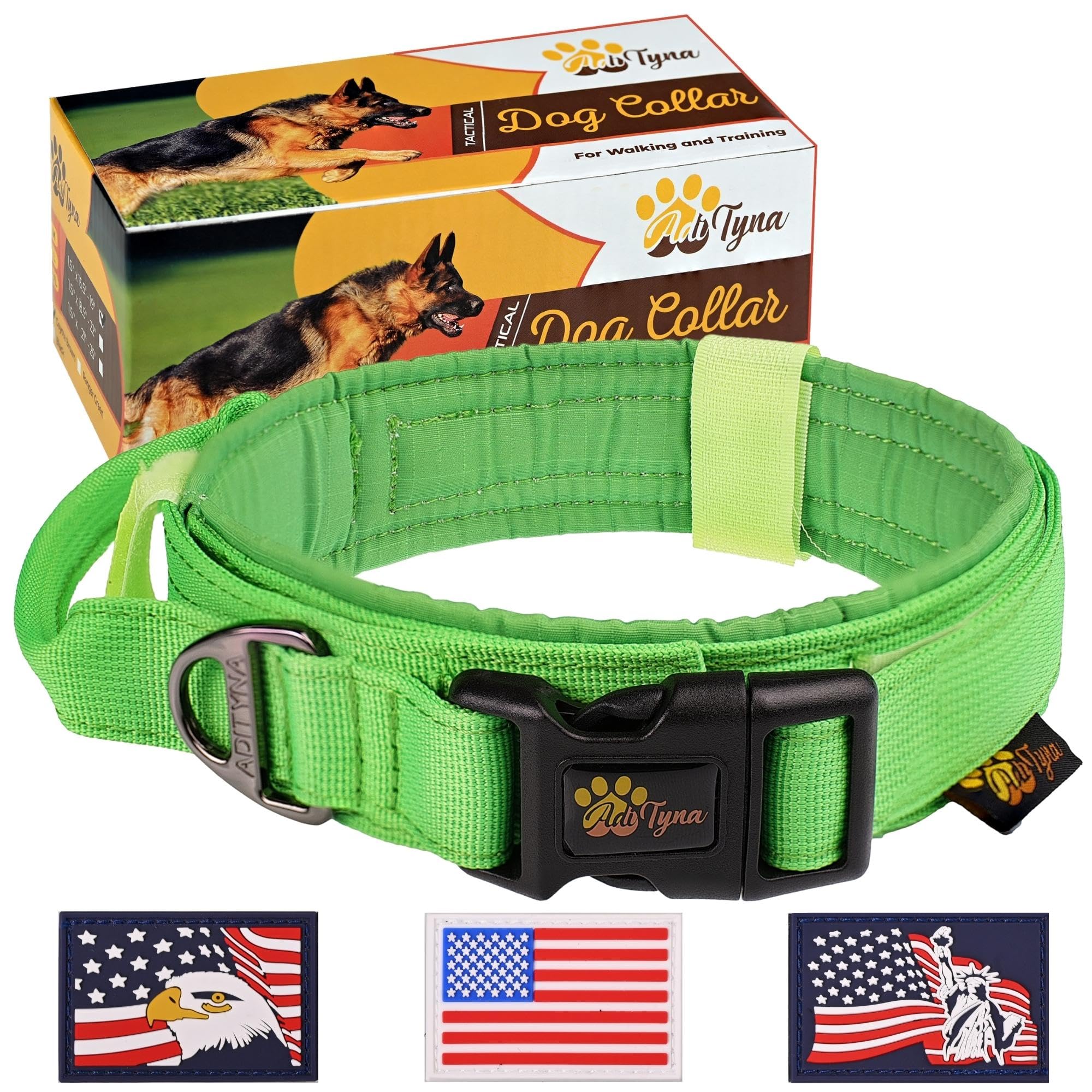 ADITYNA - Tactical Dog Collar for Large Dogs - Soft Padded, Heavy Duty, Adjustable Green Dog Collar with Handle for Training and Walking