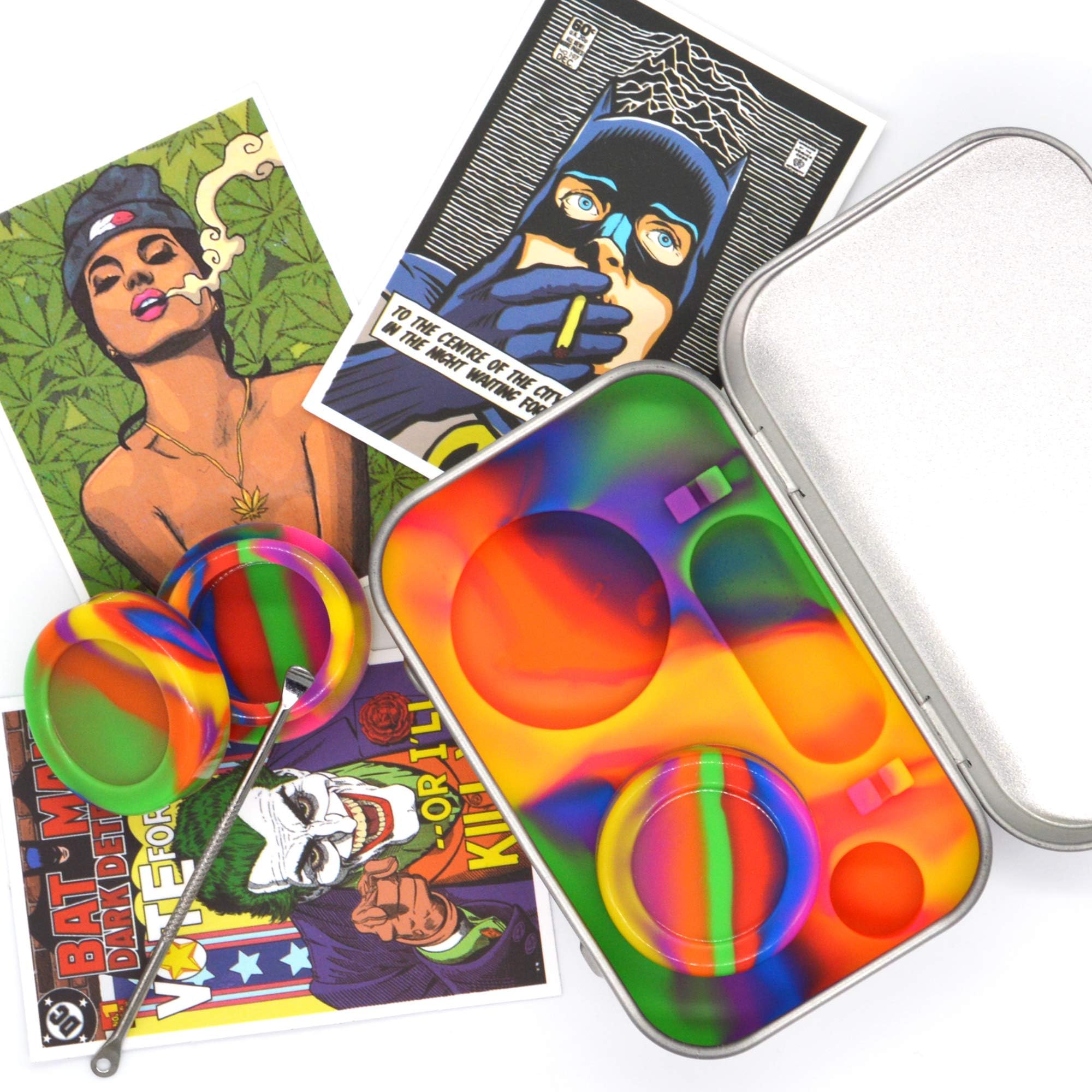 Auchee Wax Oil Container Carving Tool Travel Kit 2 x 5ml Silicone Jar in Tin Box with DIY Psychedelic Vinyl Decals Sticker (3) for Storage Sticky Concentration,Balm,Pill (Tin Box Kit-Rainbow)
