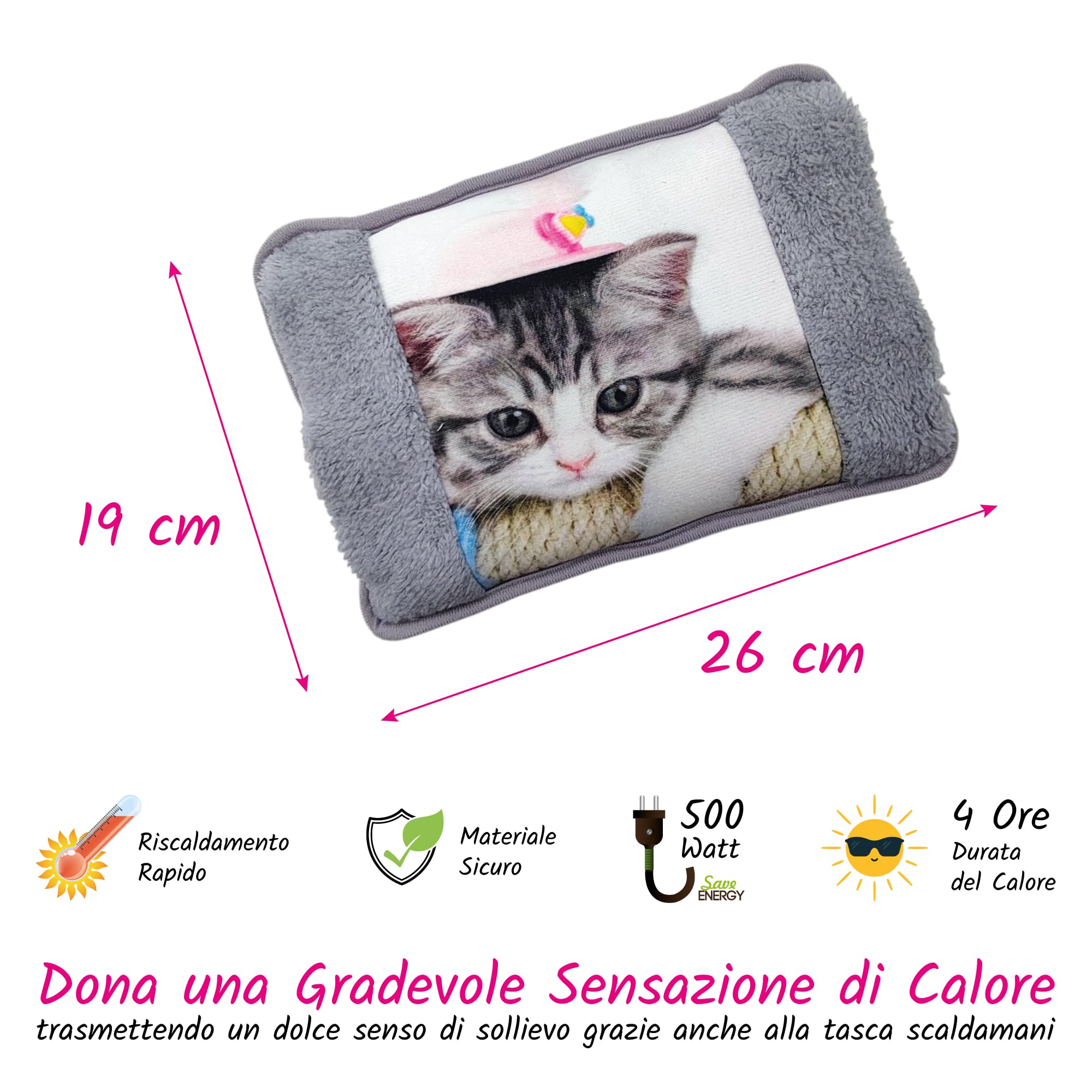 Bolsa de agua caliente eléctrica 26 x 19 cm 500 W – Calentador inalámbrico recargable rápido, con bolsillos de peluche para manos, alivio de dolores y frío, diseño de gatos suave y seguro