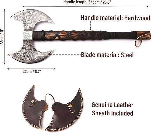 Vista 9 de Hacha barbuda vikingo auténtica, acero al carbono 1095, dureza RC 55-58, incluye cubierta de cuero, 21.6 pulgadas