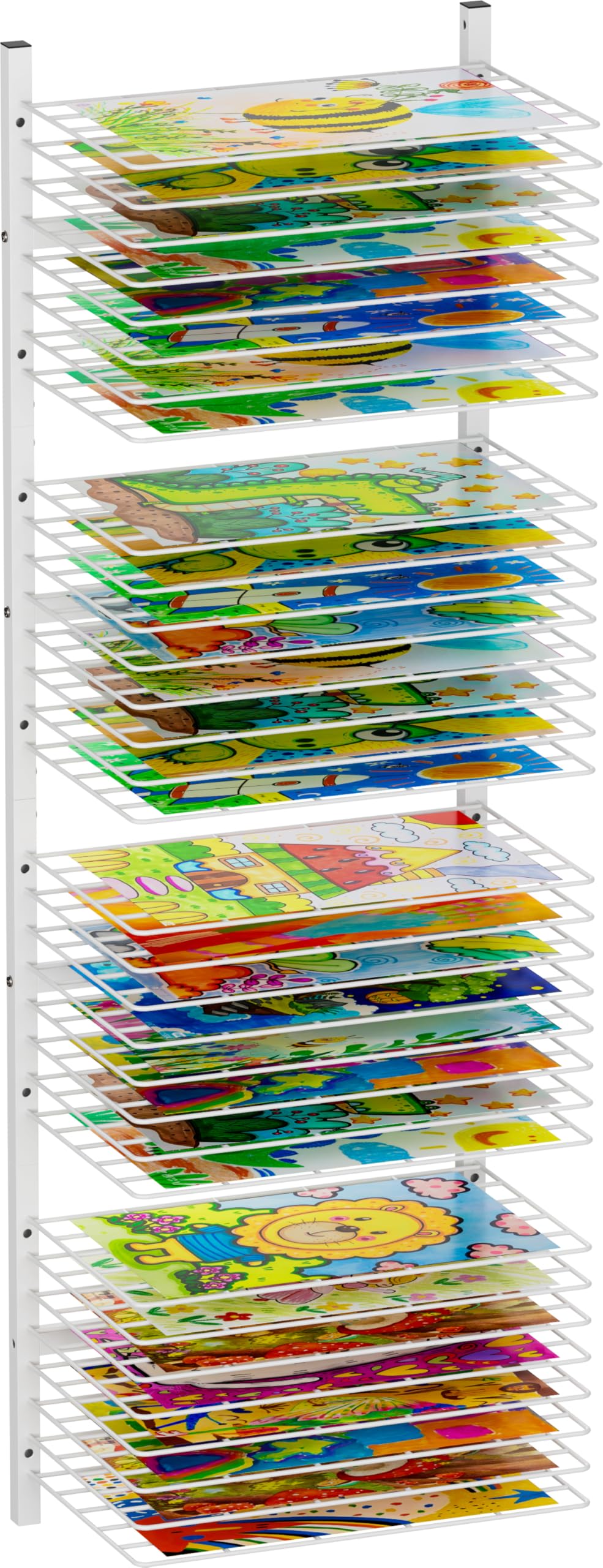 mocomax Wall Mount Art Drying Rack, 32 Removable Shelves Metal Paint Drying Rack, Space-Saving Artwork Paper Storage Holder Organizer for Classrooms, Art Studios, Schools, Galleries, White