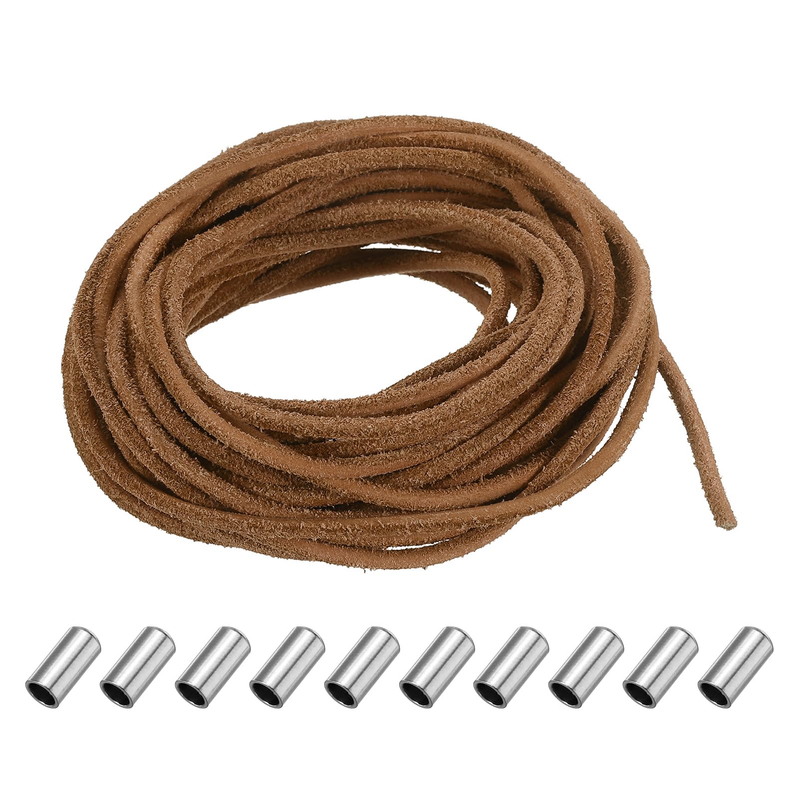 sourcing map Genuine Leather Cord, Round Cowhide Necklace Leather Cords String with Cord End Caps, Braiding Strip Thread Rope for Jewelry Making, Bracelet, Scrapbook, Wrapping Tool, Light Brown