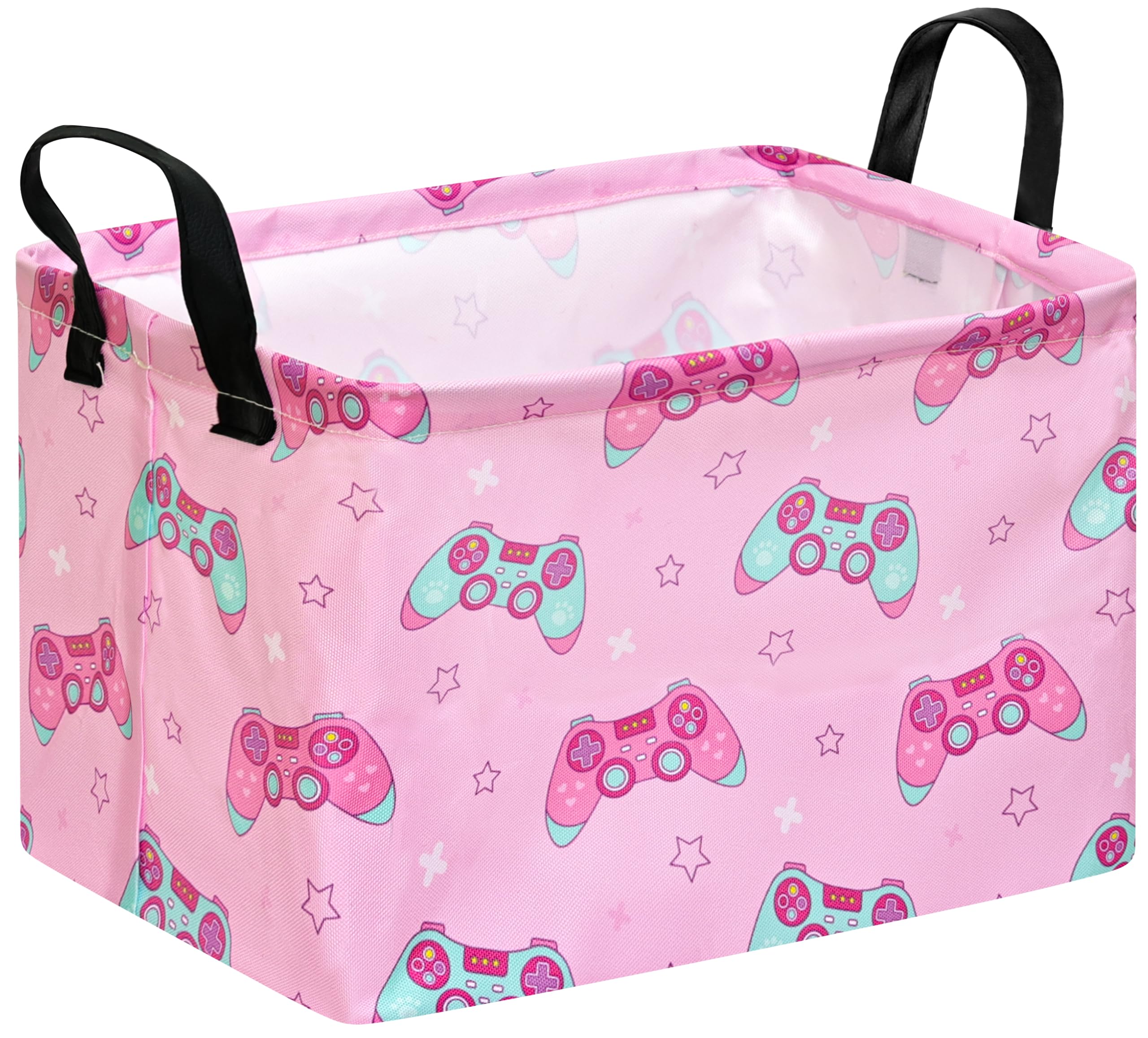 MAIZMZ Girls Storage Basket,Pink Controller Print Kids Hamper,Waterproof Lining, Leather Handles, Collapsible for Gamer Girls, Toys, Clothes, Gift Basket