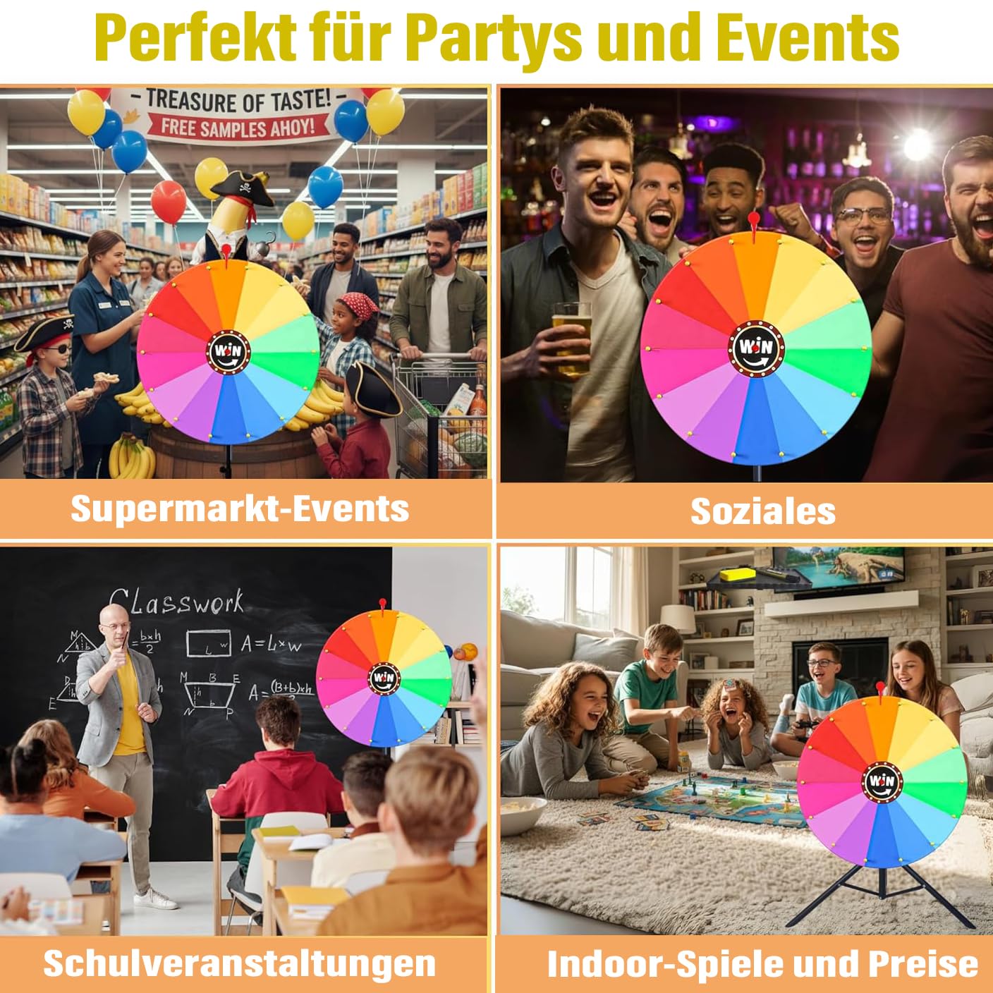 Drehbares Preisrad 61 cm, 14 Farben, verstellbar 94-165 cm, löschbares Kritzelspiel