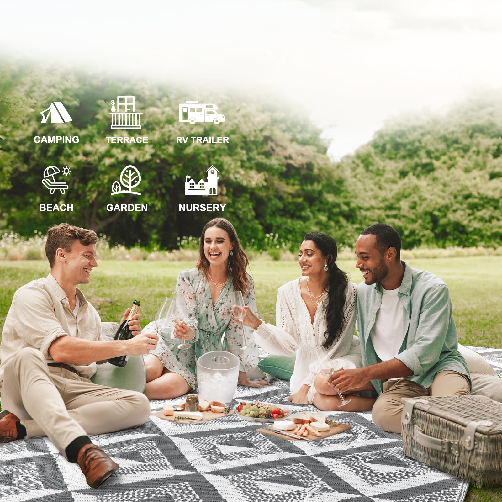 CHOSHOME Alfombra Exterior Impermeable 180x270cm Reversible UV Resistentes para Jardín Patio Camping - Plegable Ligera con Bolsa Transporte, Gris