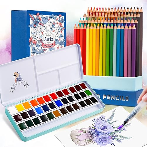 Arrtx Juego de 72 lápices de colores premium con juego de pintura de acuarela MeiLiang, 36 colores vivos en caja de bolsillo