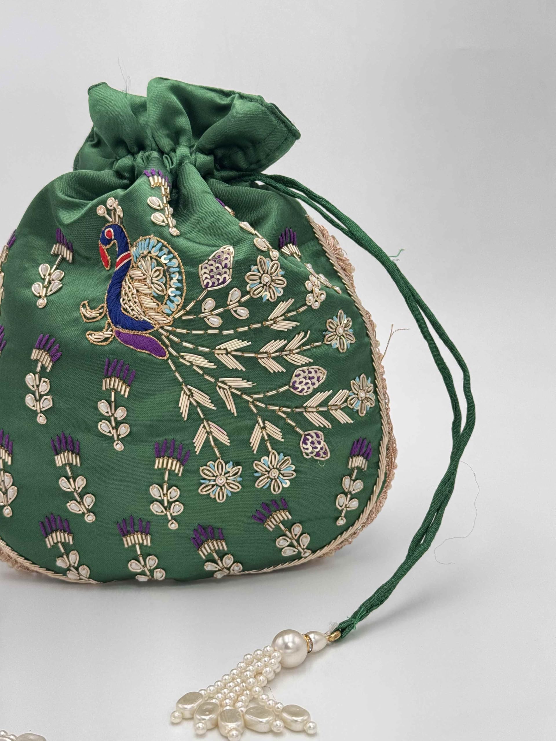 Amayra Luxe Embroidered Peacock Potli Bag for Women & Girls | Designer Batwa Handbag with Beaded Handle & Drawstring Closure | Festive & Wedding Shagun Pouch | Traditional Ethnic Purse (Green) 2