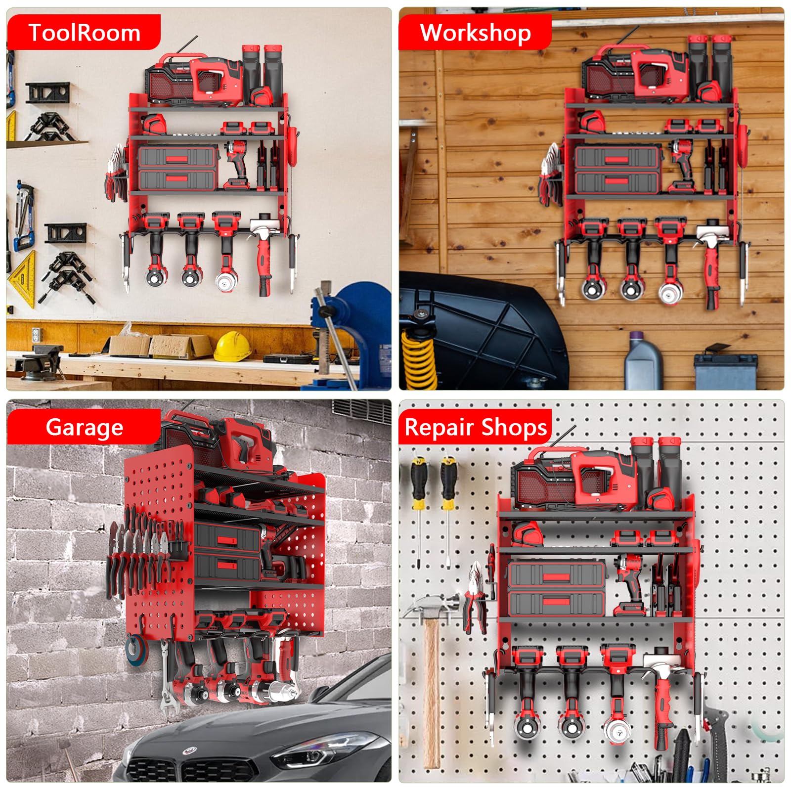 Organizer per utensili elettrici da parete a 4 strati, per l'organizzazione del garage, organizer per attrezzi da garage e stoccaggio con 4 supporti per trapano, 1 supporto per cacciavite, scaffale