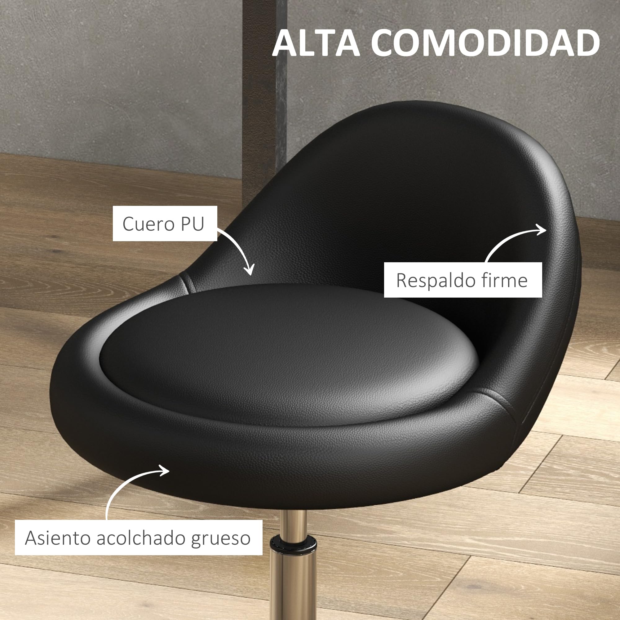 HOMCOM Taburete con Ruedas, Taburete Giratorio Cosmético con Altura Ajustable, Cuero Sintético, Asiento Acolchado y Amplio, para Dentista y Peluquería, Carga 120 kg, Ø50x63-83 cm, Negro