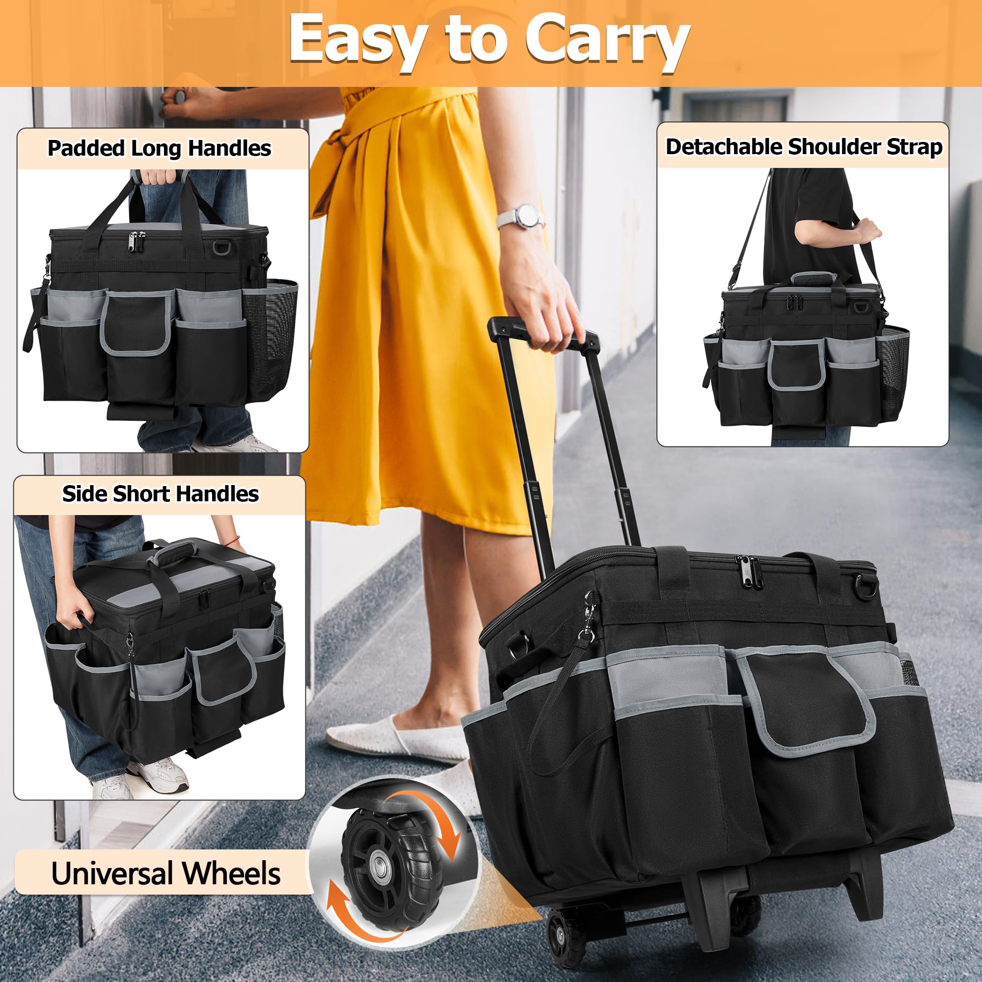 HODRANT Grande borsa per la pulizia su ruote con carrello rimovibile e coperchio, carrello organizer per la pulizia su rotelle, cuscino per la pulizia portatile con tracolla e maniglie, nero