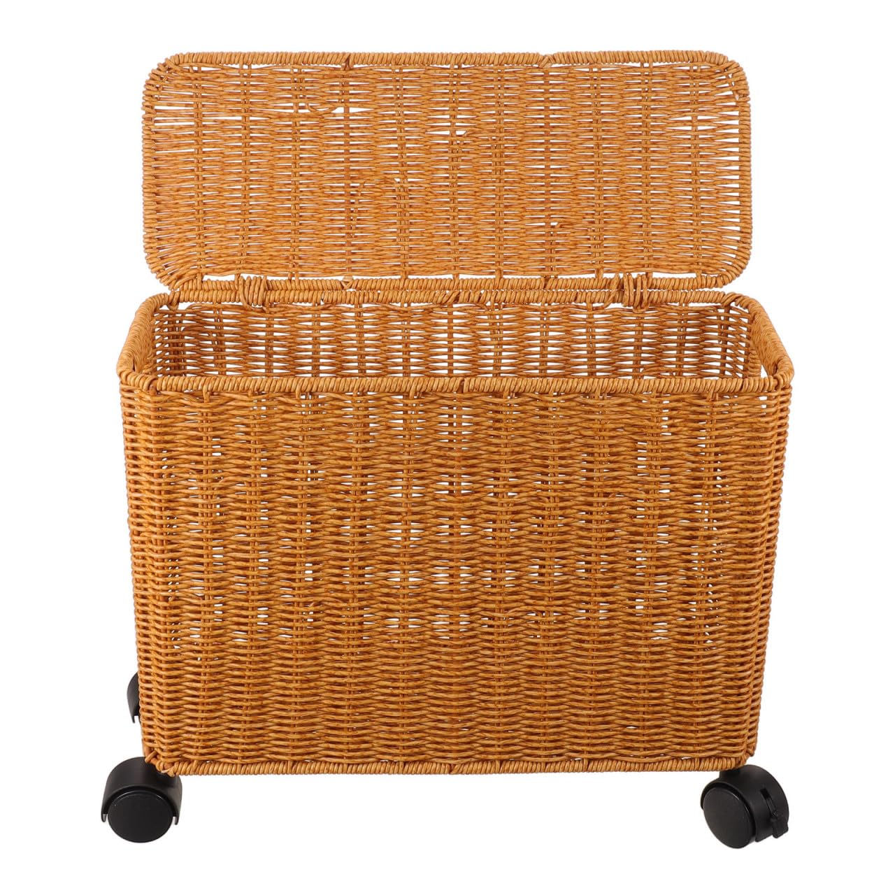 FRCOLOR Caja de Almacenamiento Rectangular de Pe Color Caqui Estilo Mimbre con Tapa y Ruedas, Soporte para Apilamiento Vertical y Alta Capacidad de Peso, Adecuado para Pasillos y Baños