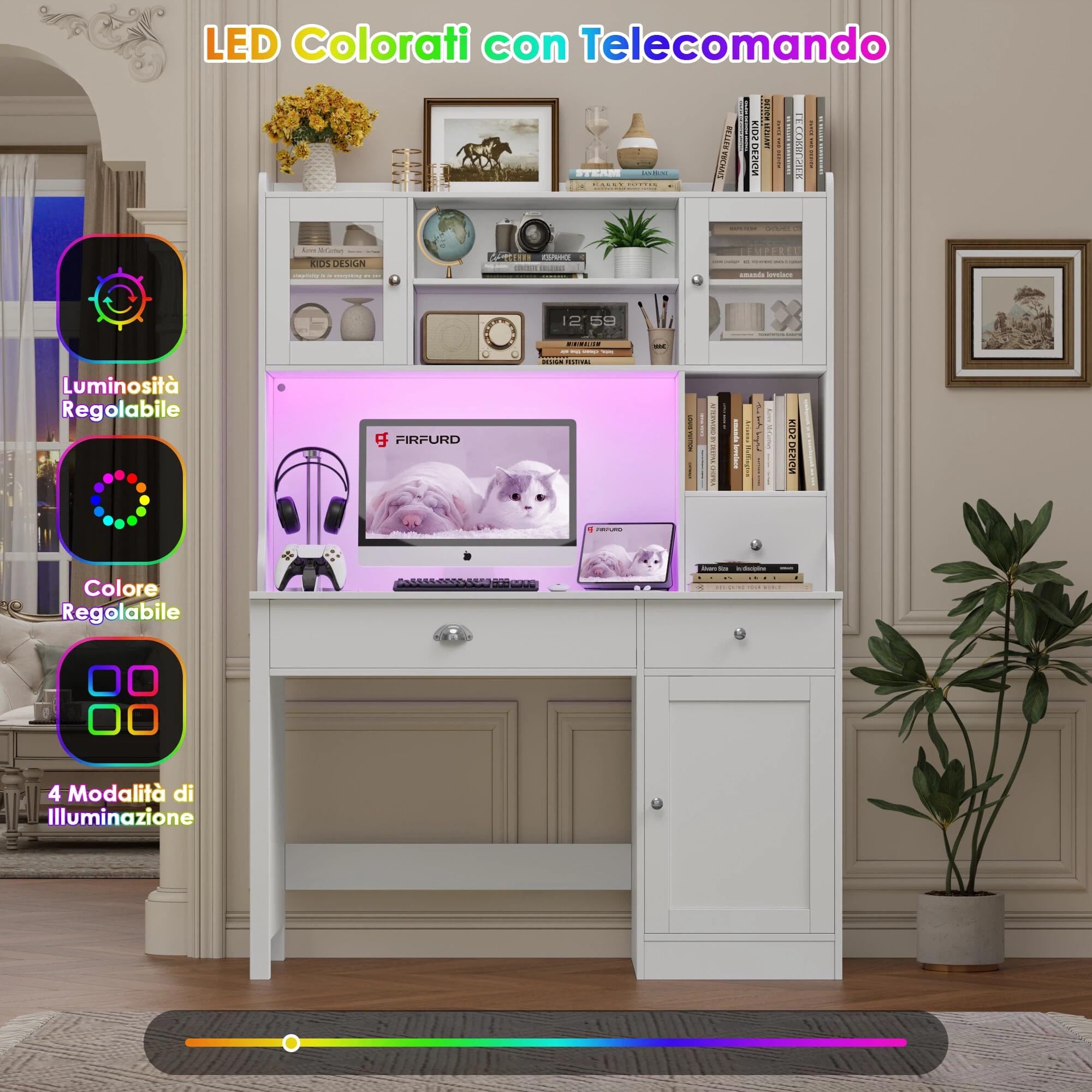 FirFurd Scrivania con Cassetti,Scrivania con 2 Prese e 2 USB 120x48x165cm | Scrivania Gaming a Luci LED Multicolori,Toeletta da Trucco a Cassettiera e 3 Ante,Ripiani Regolabili,per Casa Ufficio,Bianco