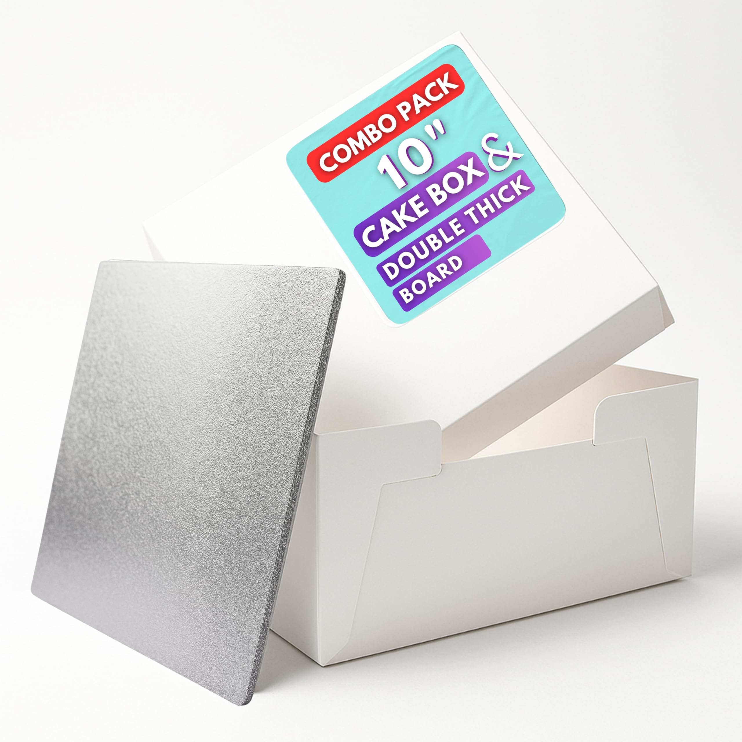 Pack N Trade 10 Inch White Cake Box & 10″ Silver Foil Square Cake Board Combo – 3mm Double Thick MDF Board, Reusable & Sturdy Cake Base, Ideal for Safely Carrying and Transporting Cakes