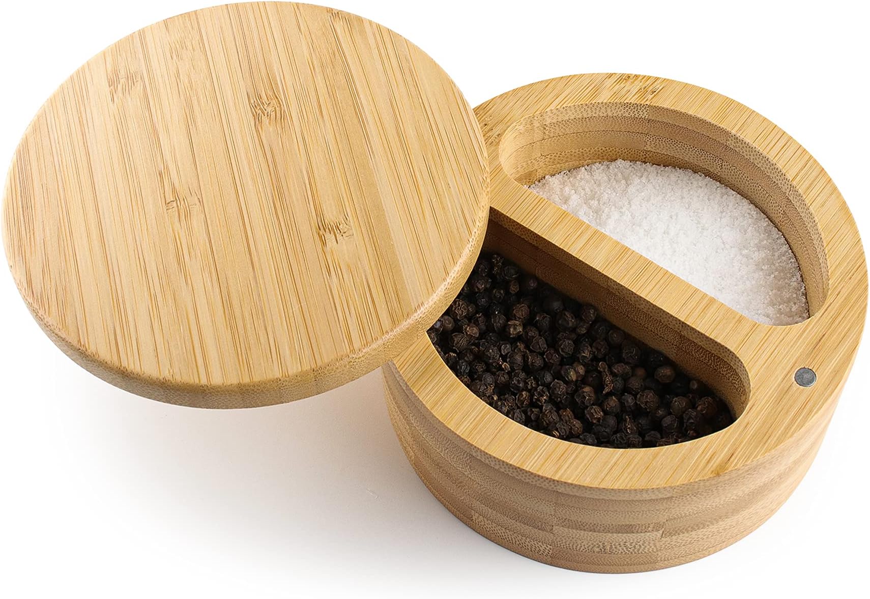 Totally Bamboo Salt Box Bamboo Container with Magnetic Lid for Secure Storage Bamboo Salt and Pepper Box With Two Compartments (Large)