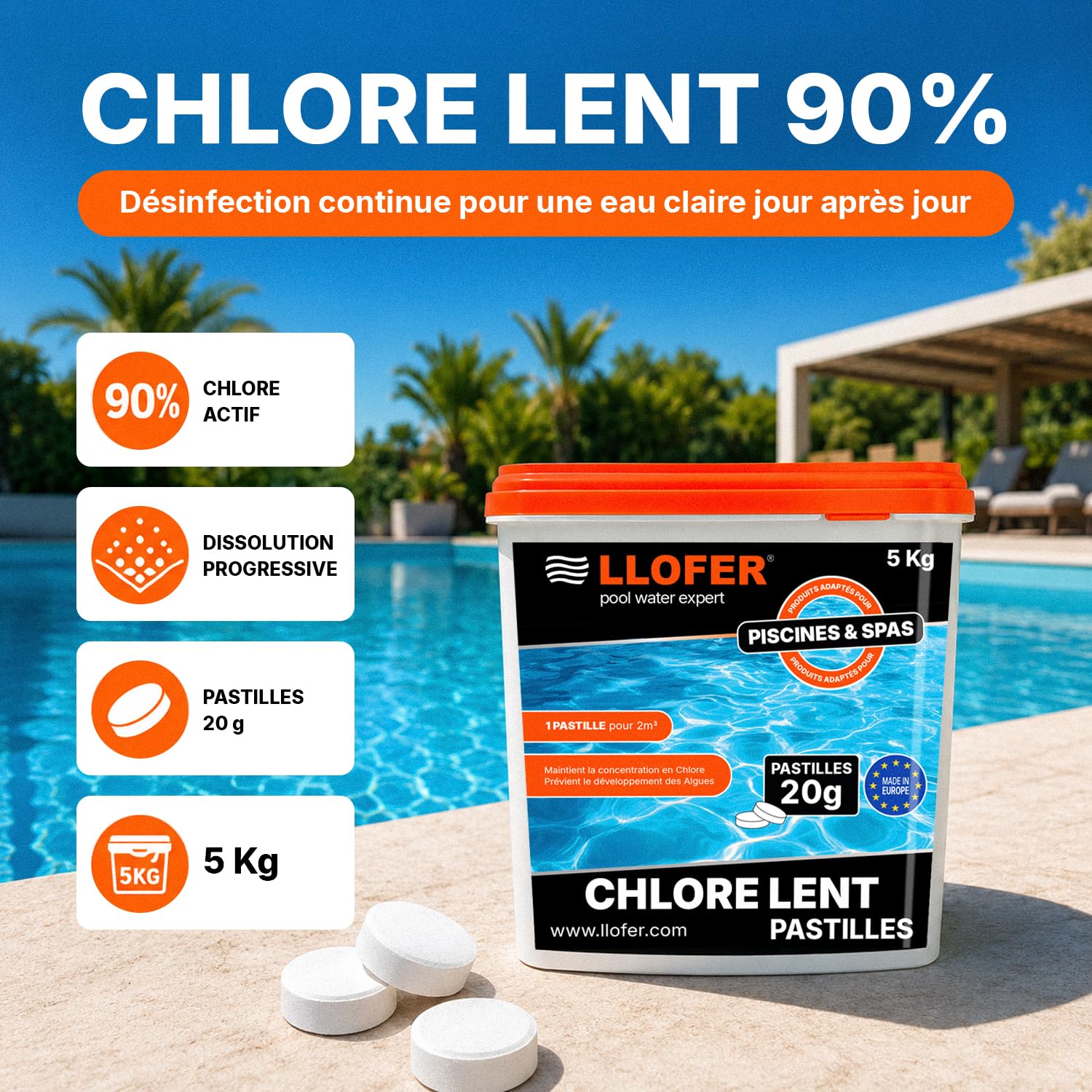 Pastilles de Chlore Lent 20g - Haute Teneur en Chlore (90%) -Seau de 5kg - chloration permanente hautement Efficace Contre Les bactéries, fabriquer en Europe