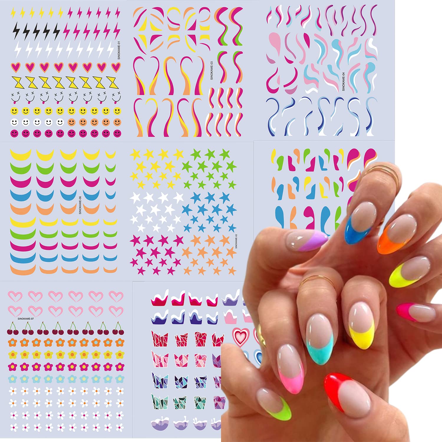 Amazon.com: SINOKAME 8 Sheets Nail Art Stickers, Self-Adhesive Neon Nail  Decals Wave Swirls French Tip Flower Star Heart Nail Art Design Stickers,  Preppy Aesthetic Bright Nail Decals for DIY Acrylic /Gel Nails :