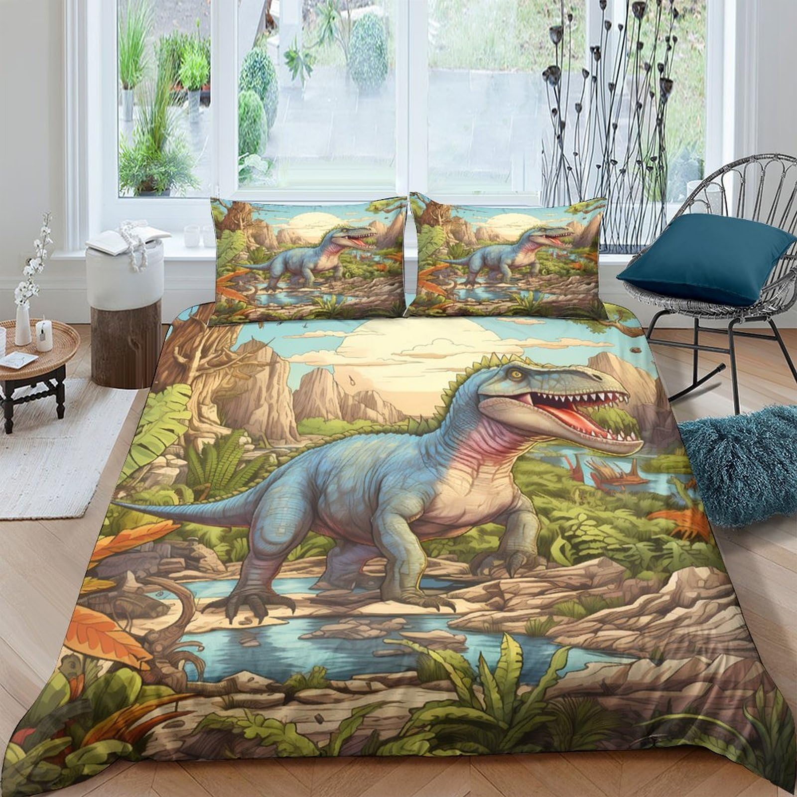 Housse de couette dinosaure 140x200 en impression 3D avec sa taie d'oreiller pour lit simple