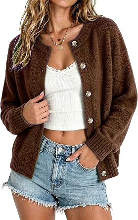 CHARTOU Women Fuzzy Knit Sweater Long Sleeve Crewneck Loose Open Front Cardigan Tops