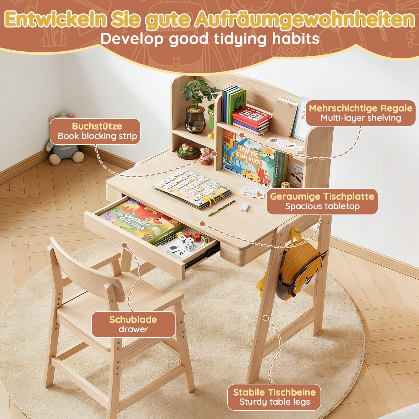 Mesa infantil de madera maciza con espacio de almacenamiento, a partir de 6 años