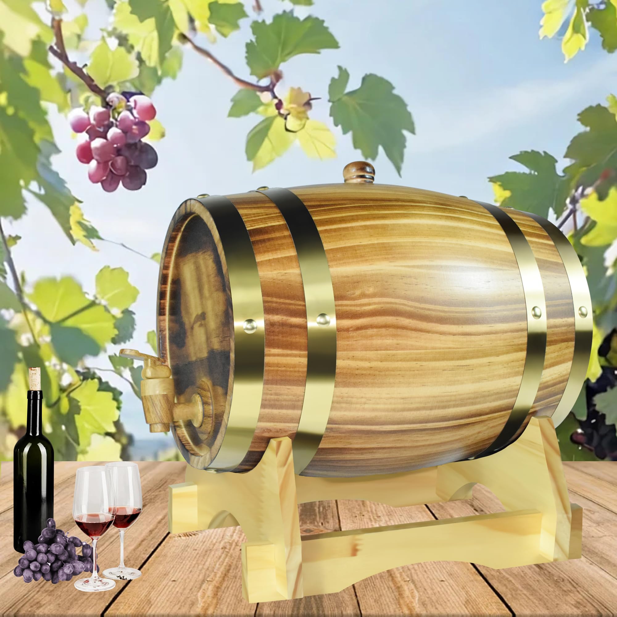 Fût à whisky de 5 litres, Grande Capacité Tonneau à Vin en Bois avec copeaux de chêne, Fût traditionnel de vin et de whisky Pour servir une table, pour vin, Whisky & Eau-de-Vie, Jaune clair
