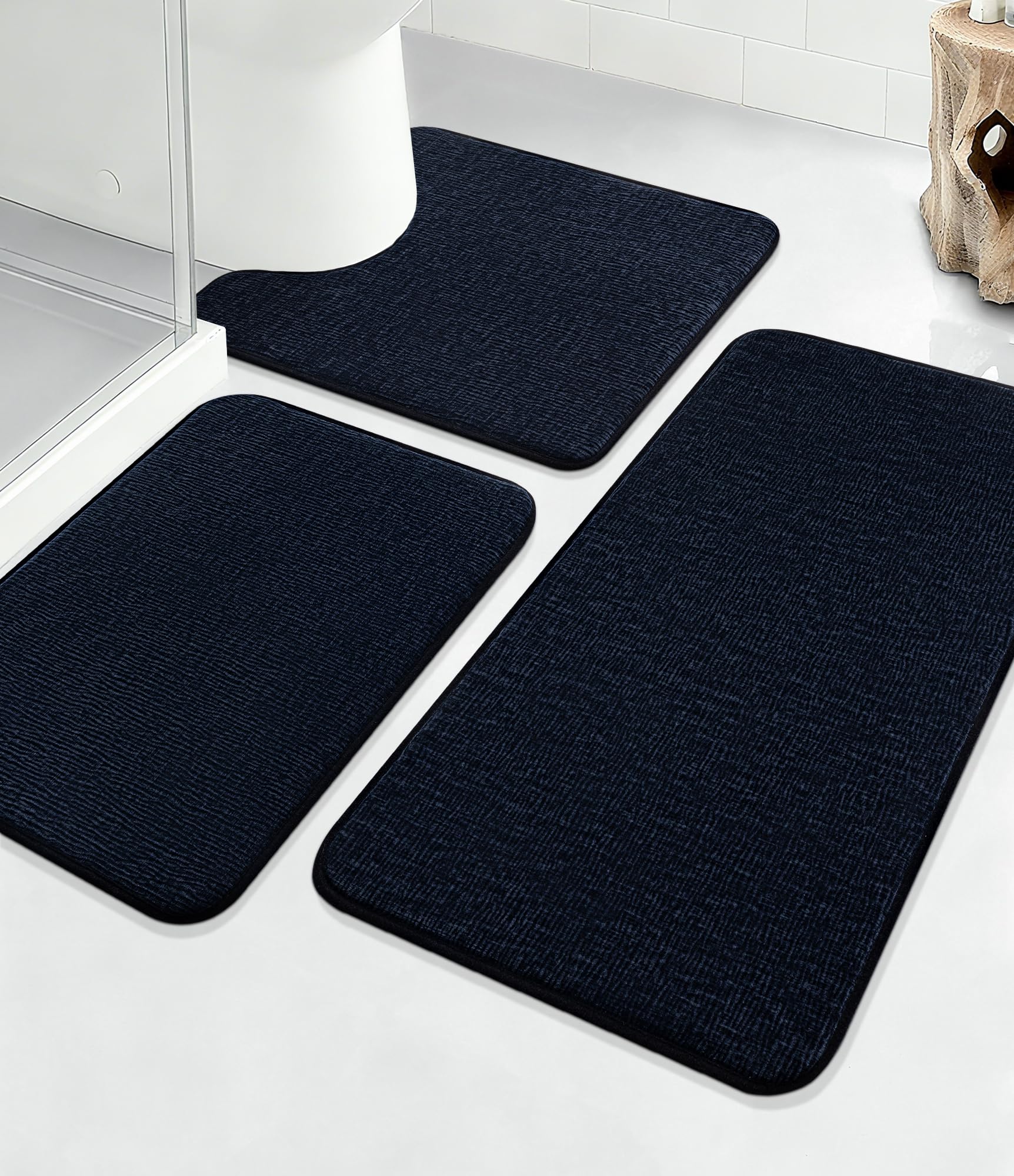 YIHOUSE 3-Piece Bathroom Rug Set, Blue, Memory Foam Bath Mats, Non-Slip, Quick Dry, Absorbent, Machine Washable, Modern Striped Bath Mat Set for